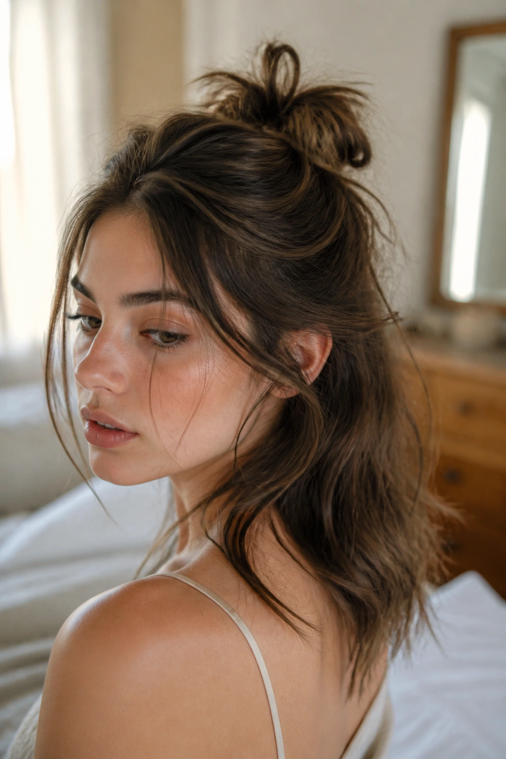 Close-up portrait of a real woman with a messy half bun hairstyle