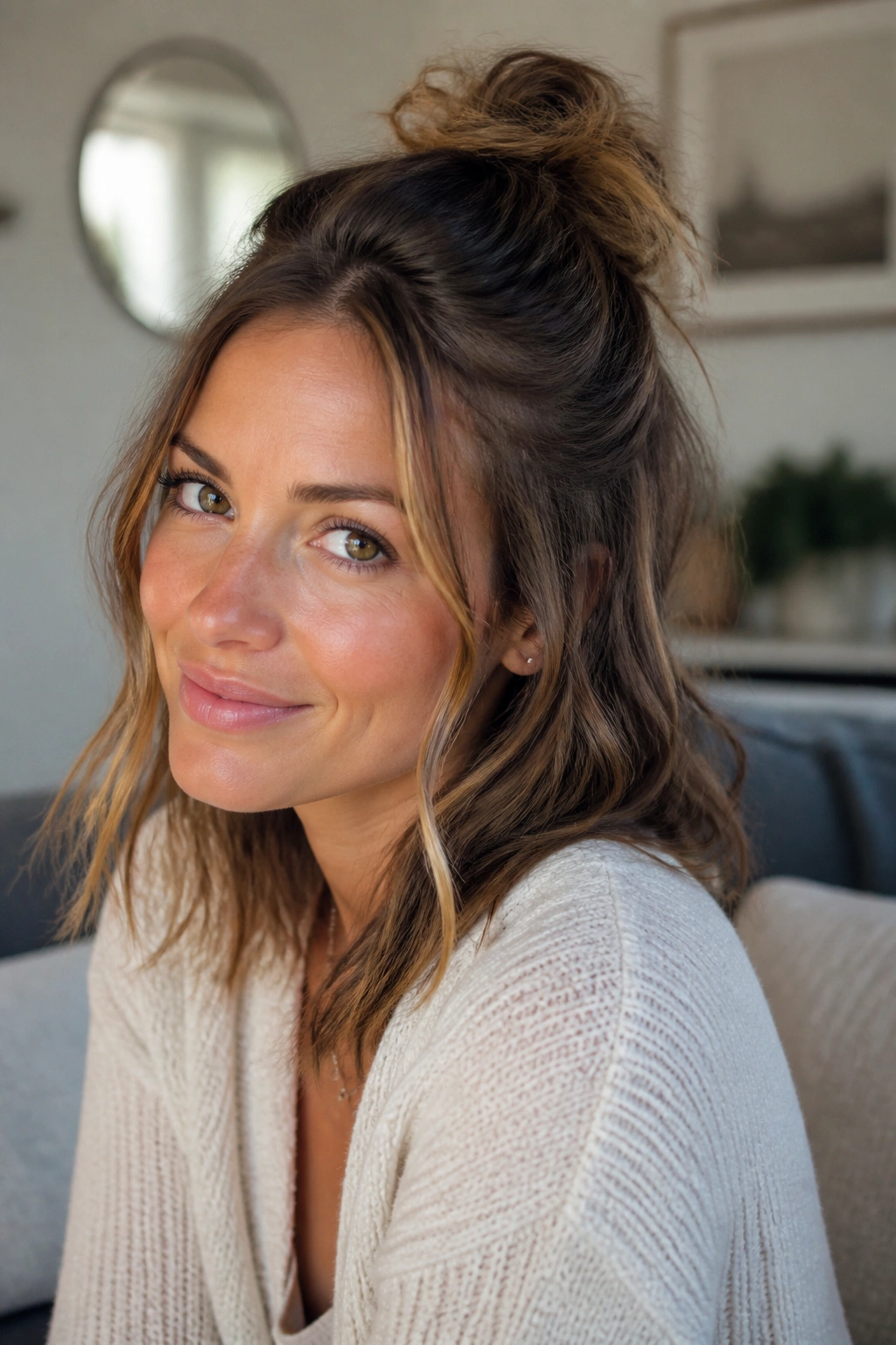 Real woman with messy half bun half up in a cozy room