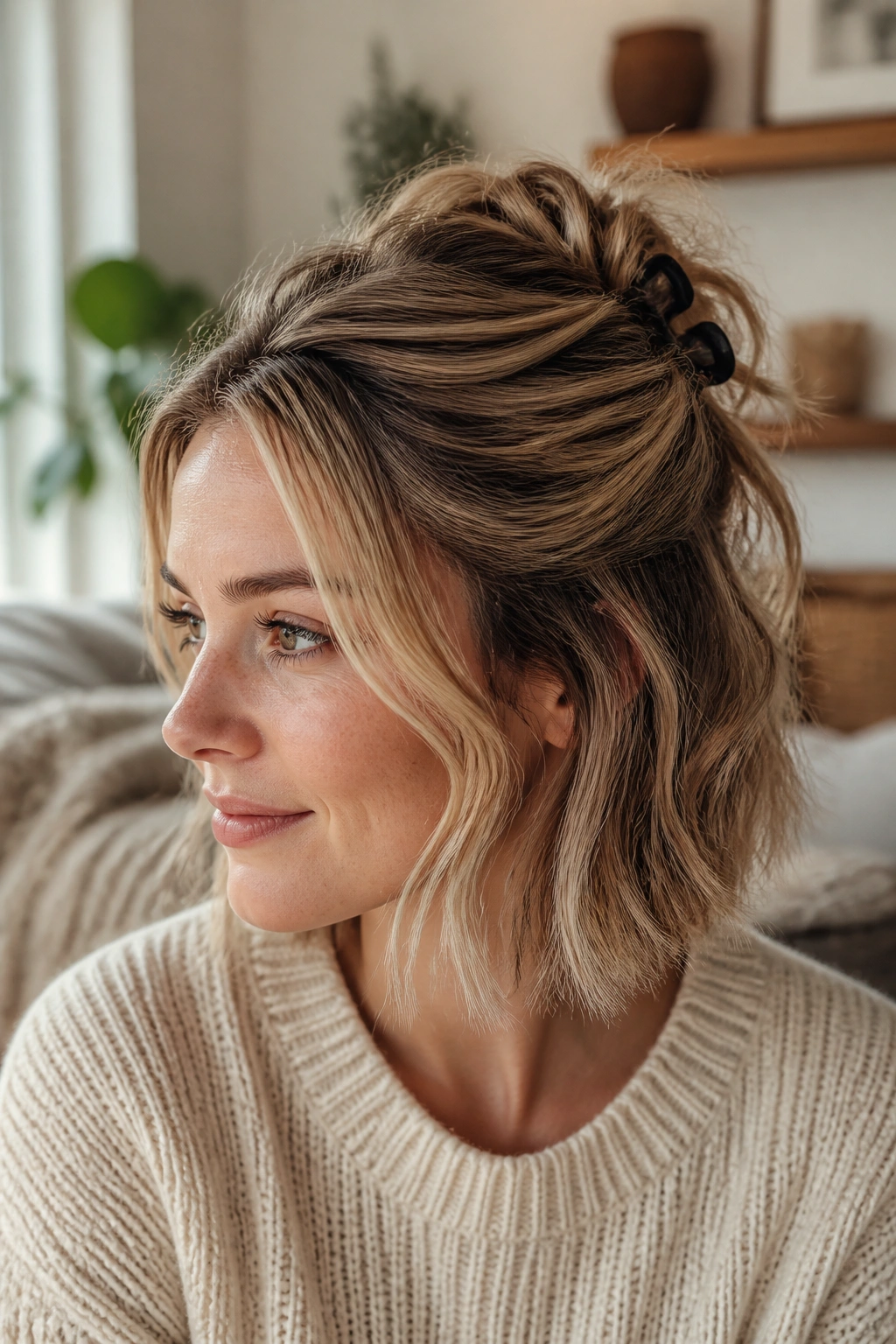 Close-up portrait of a real woman with a messy half-up style on short hair