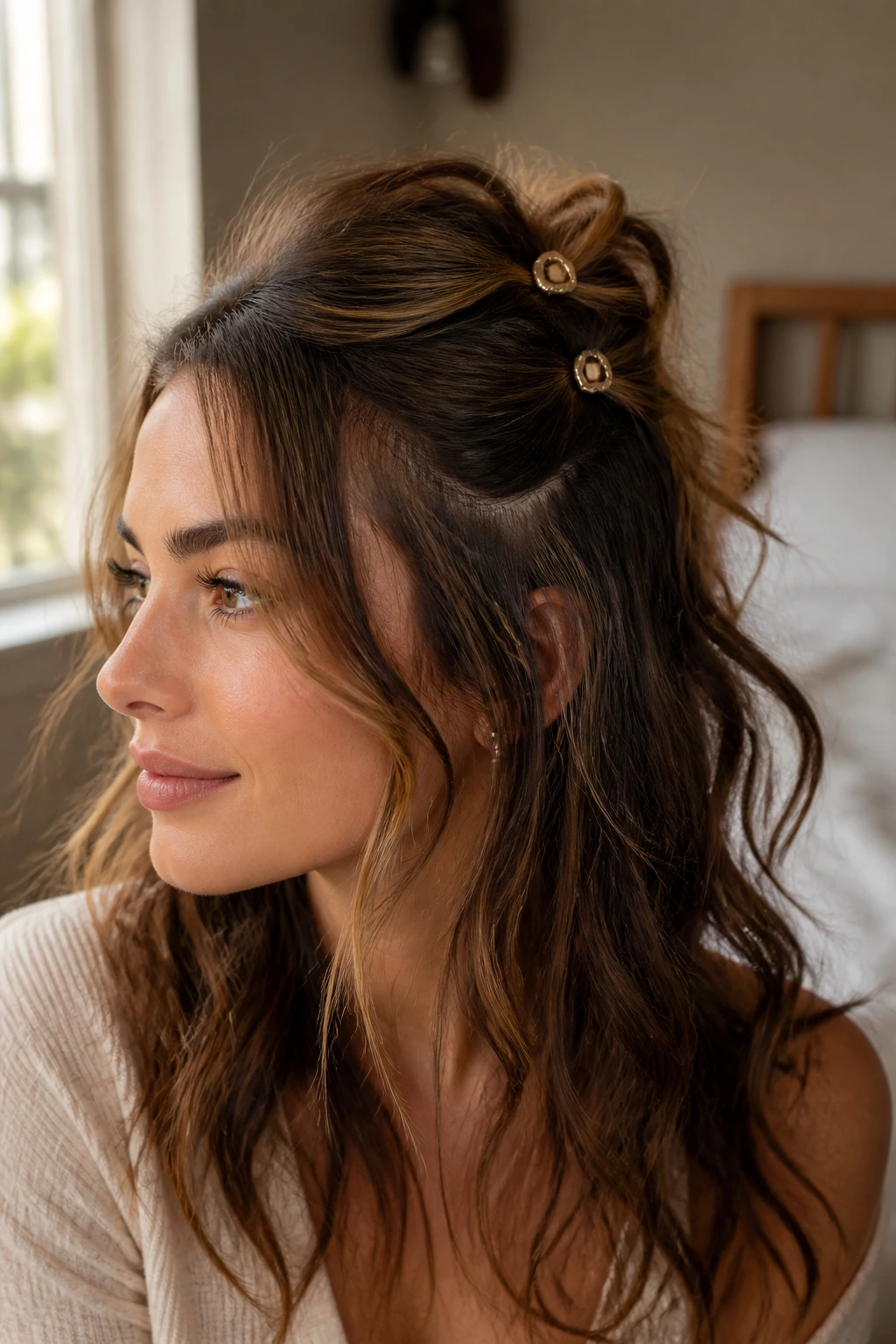 Real woman in a messy half updo with two small statement clips, warm window-light room.