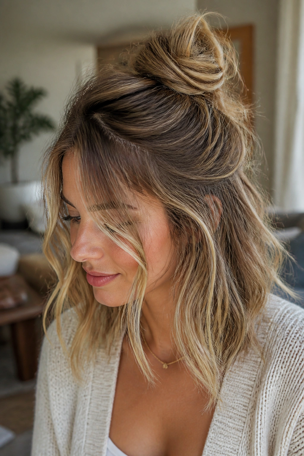 Close-up of a real woman with a messy half updo and texture spray