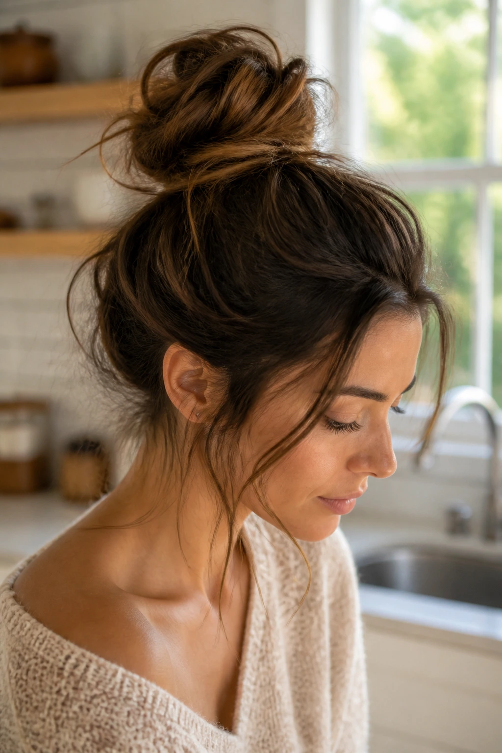 Close-up of a messy high bun with loose strands around the face