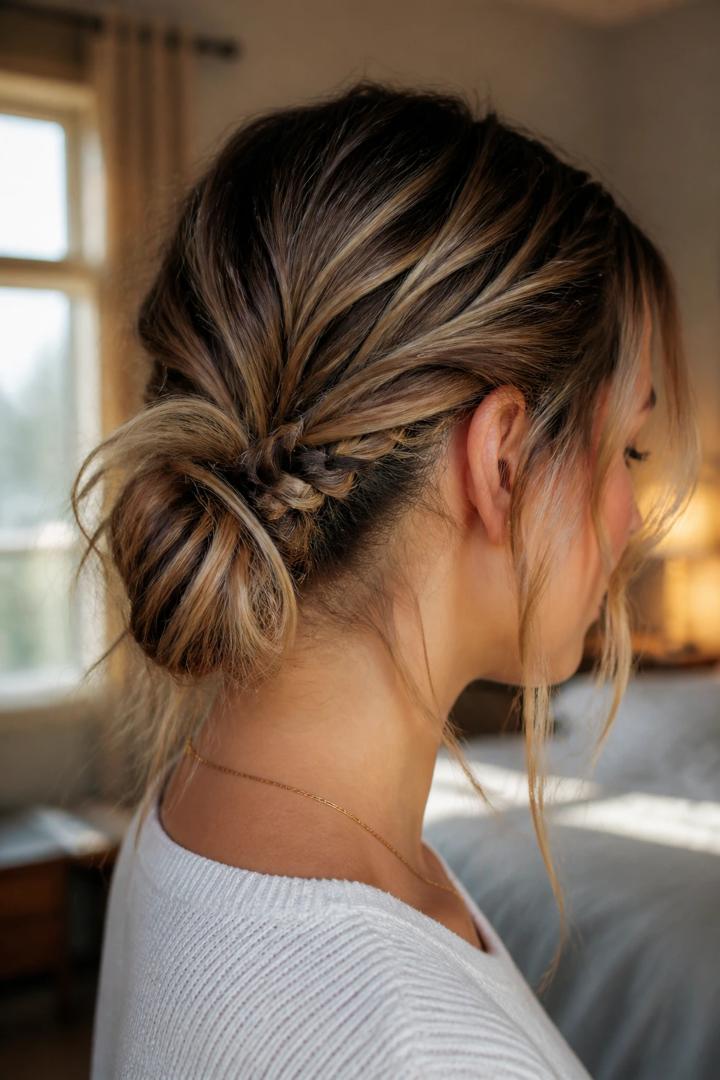 Close-up of a real woman with a messy knot and anchor braid at the nape in warm window light