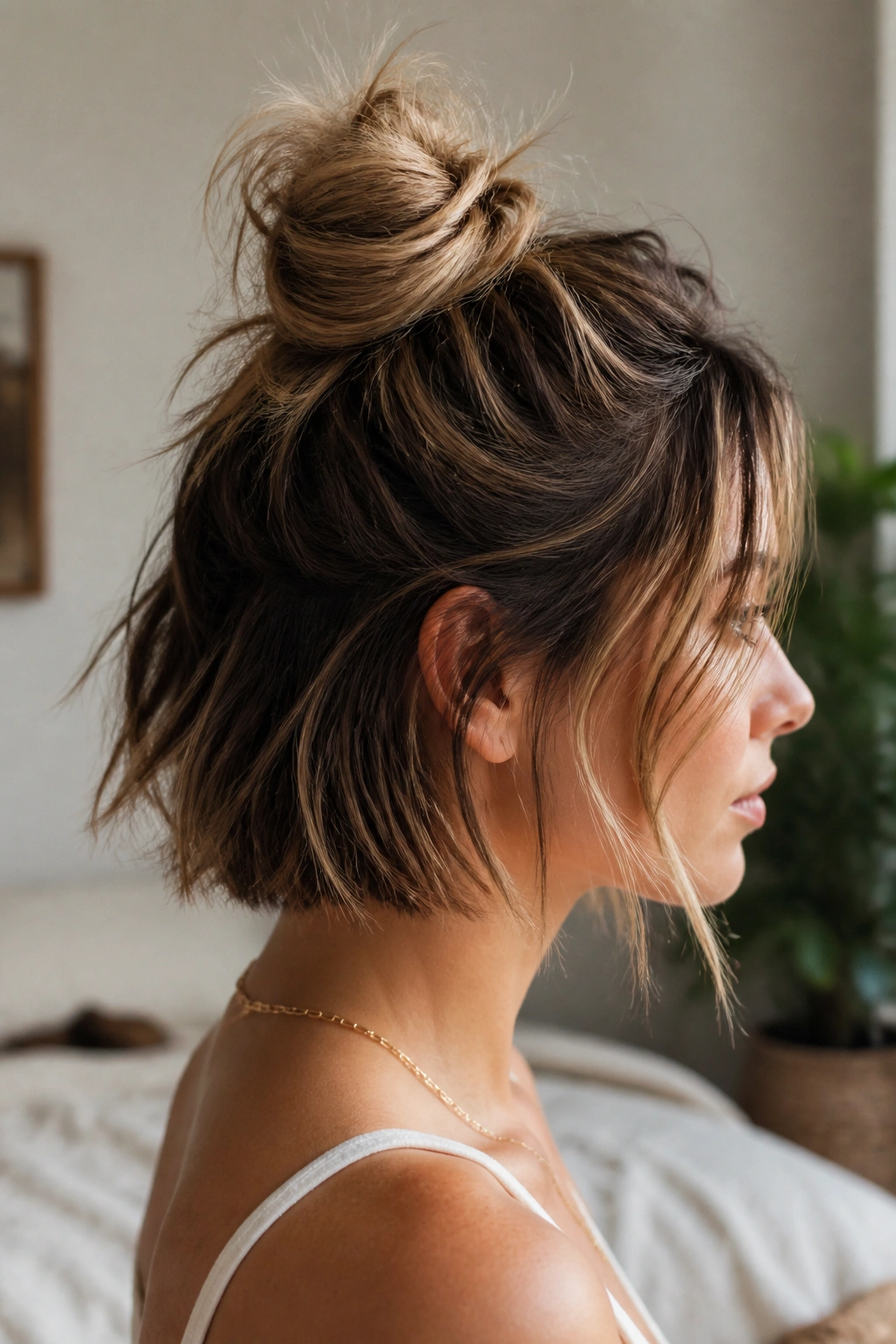 Close-up of a real woman's head with a loose messy knot and textured ends