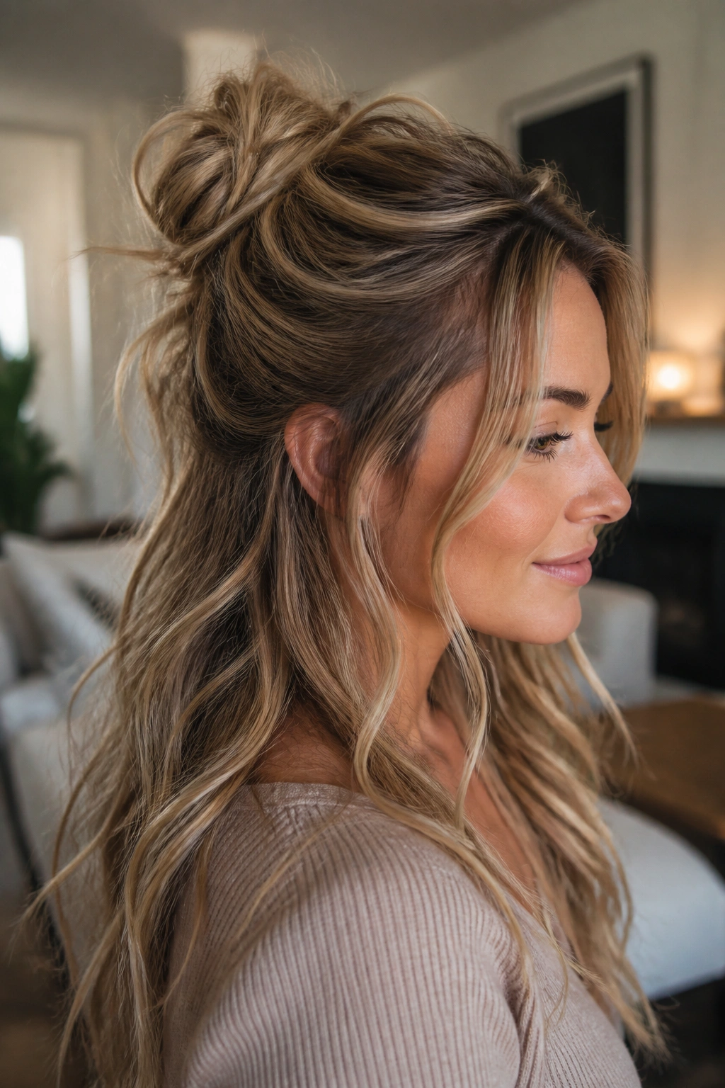 Real woman with messy half-up knot showing texture and loose strands.