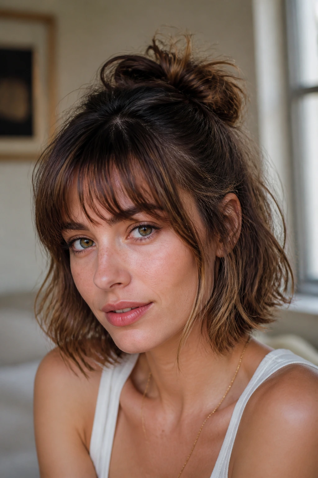 Close-up of a real person with bangs showing a messy knot half-up hairstyle