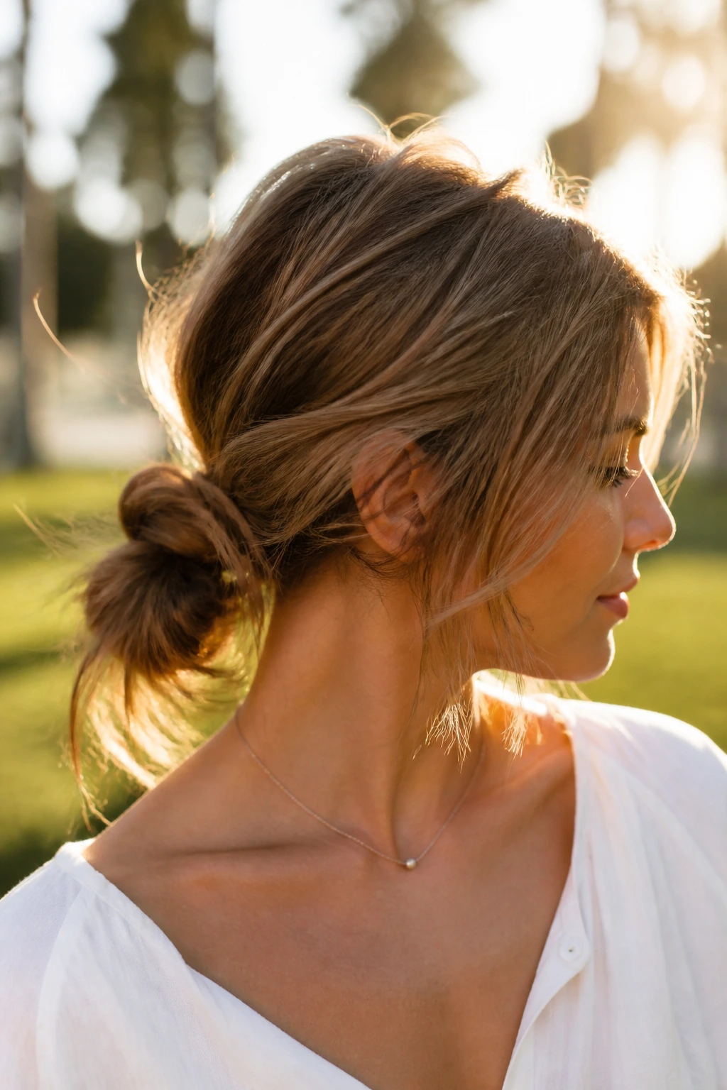 Close-up of a real woman with a messy knot ponytail.