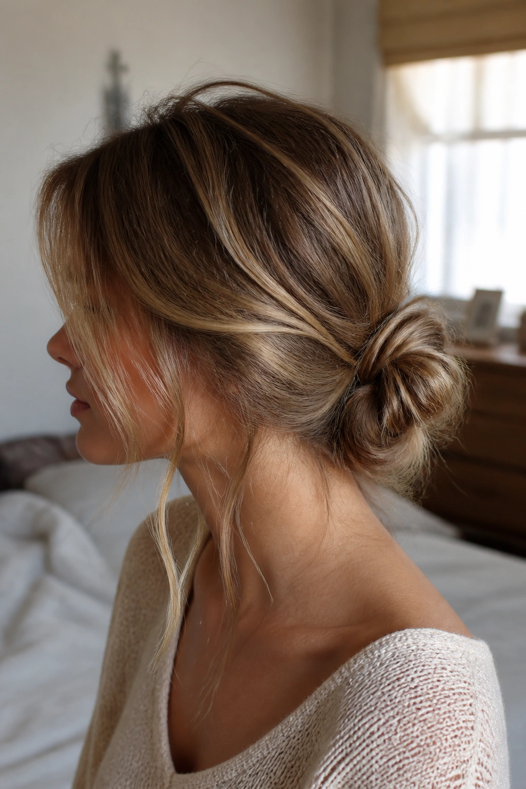 Close-up side profile of a real person with messy low bun