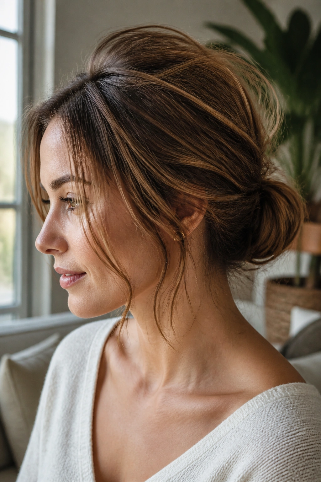 Close-up of a real woman with a teased crown and messy low bun.