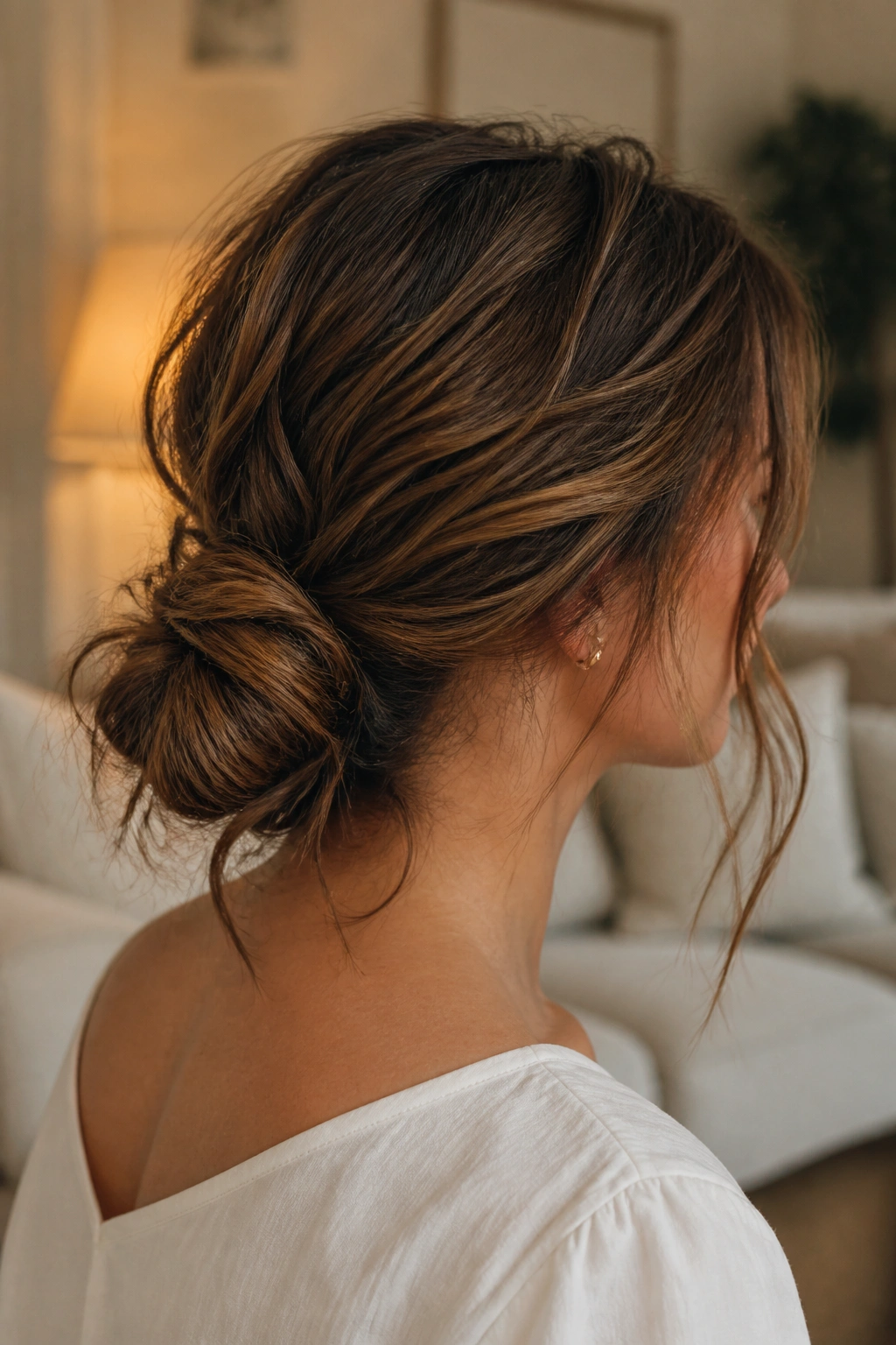 Side profile of a real person in a messy low bun with wave texture