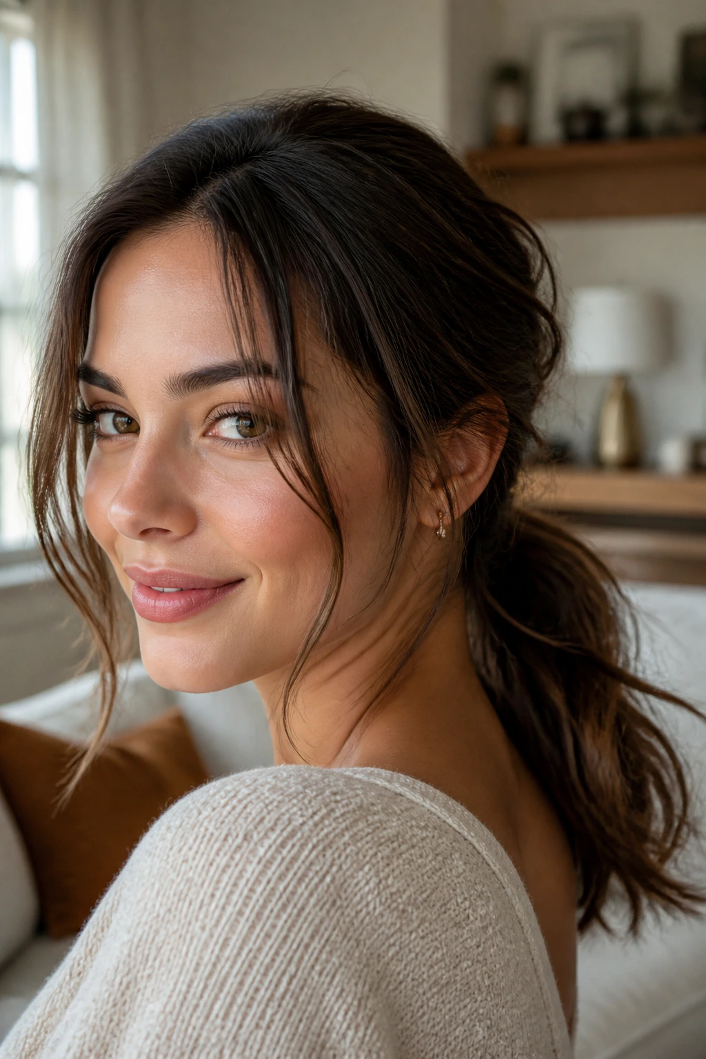 Close-up of messy low ponytail with face-framing pieces