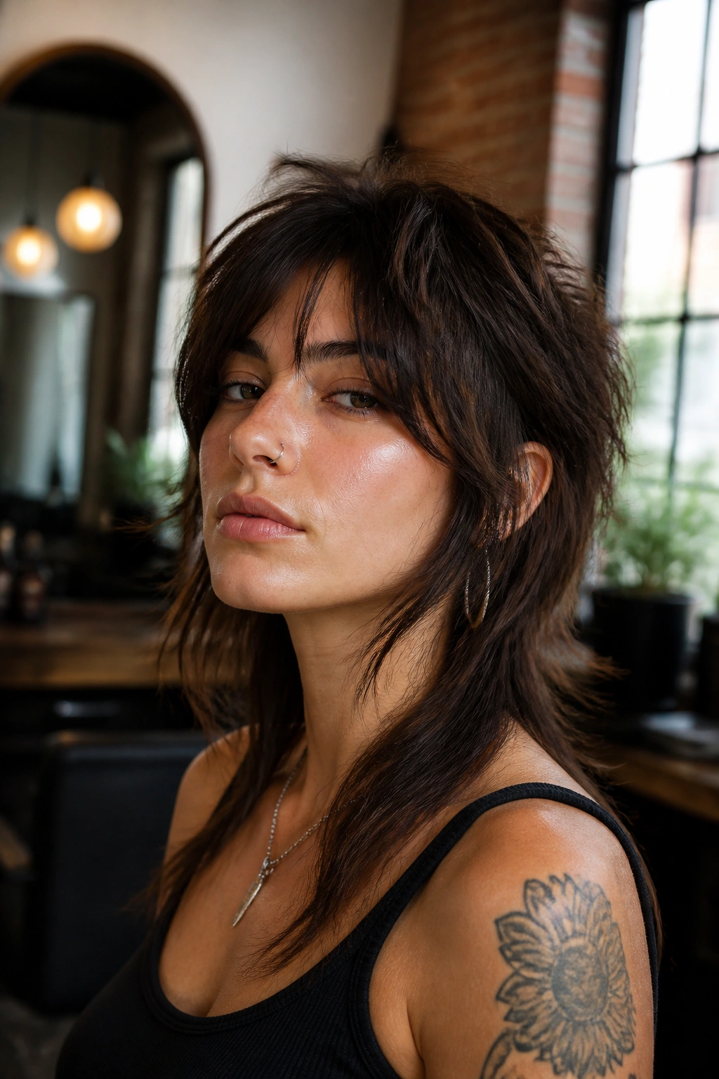 Close-up portrait of a real woman with messy mullet wolf cut and long curtain bangs in an urban salon