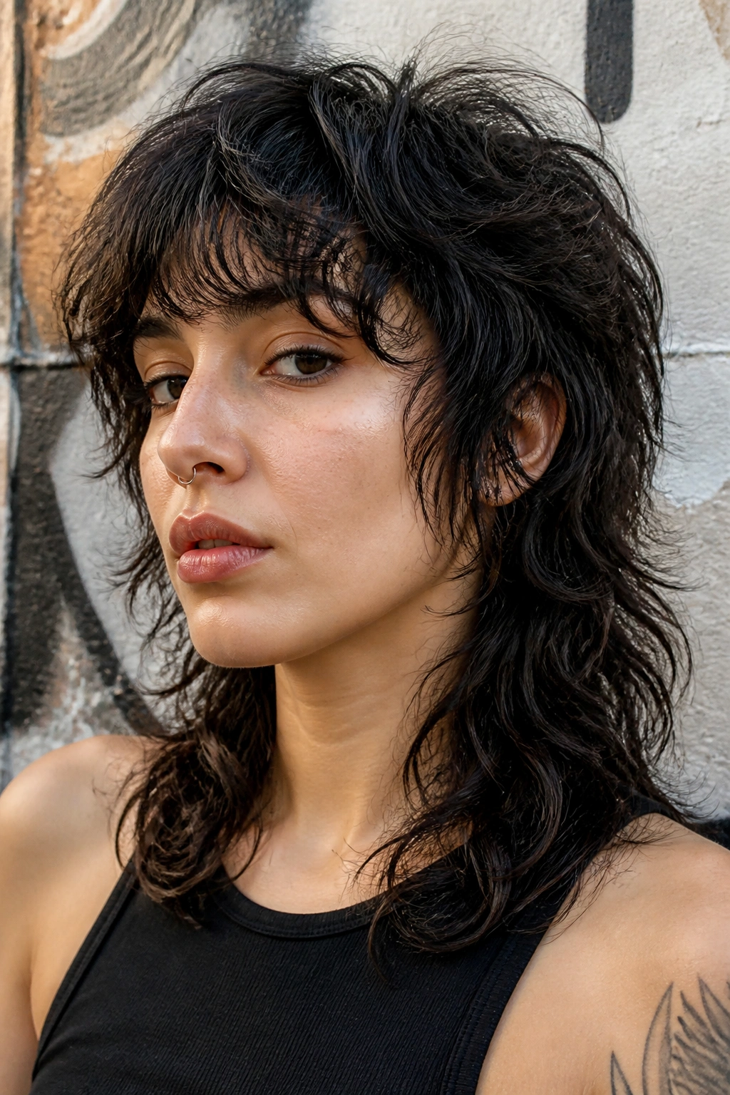 Close-up portrait of a real person with messy mullet wolf cut in urban setting