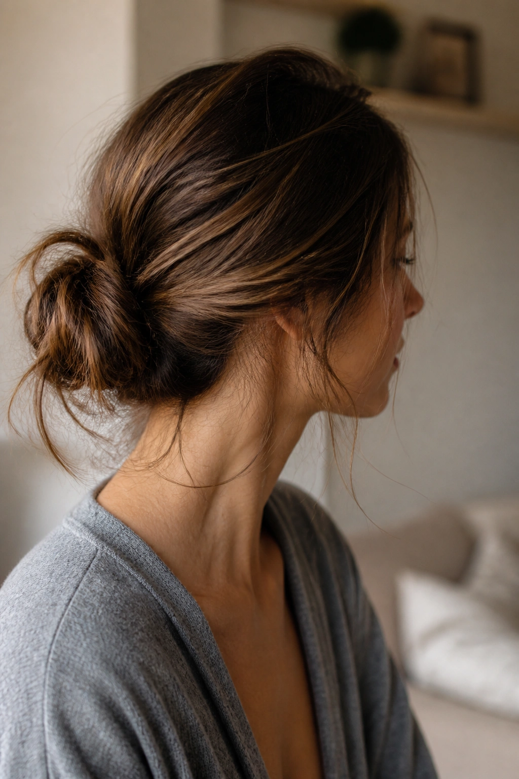 Close-up of a real woman with a messy nape bun and wisps in soft morning light