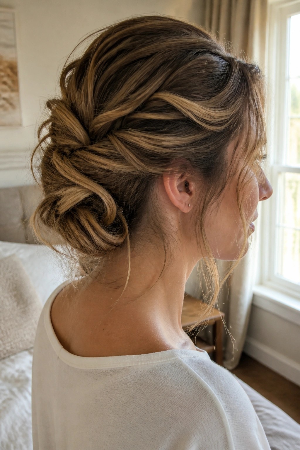 Close-up of a woman with a messy pin-and-tuck updo showing tucked ends