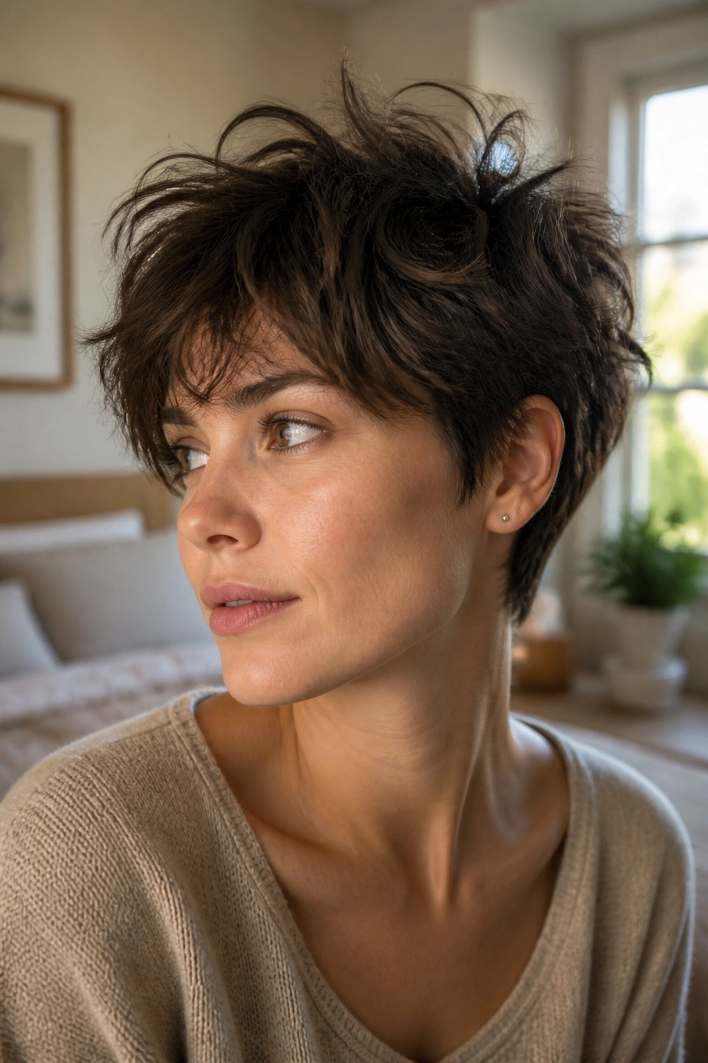 Close-up portrait of a real woman with a messy long pixie and bedhead layers in natural window light