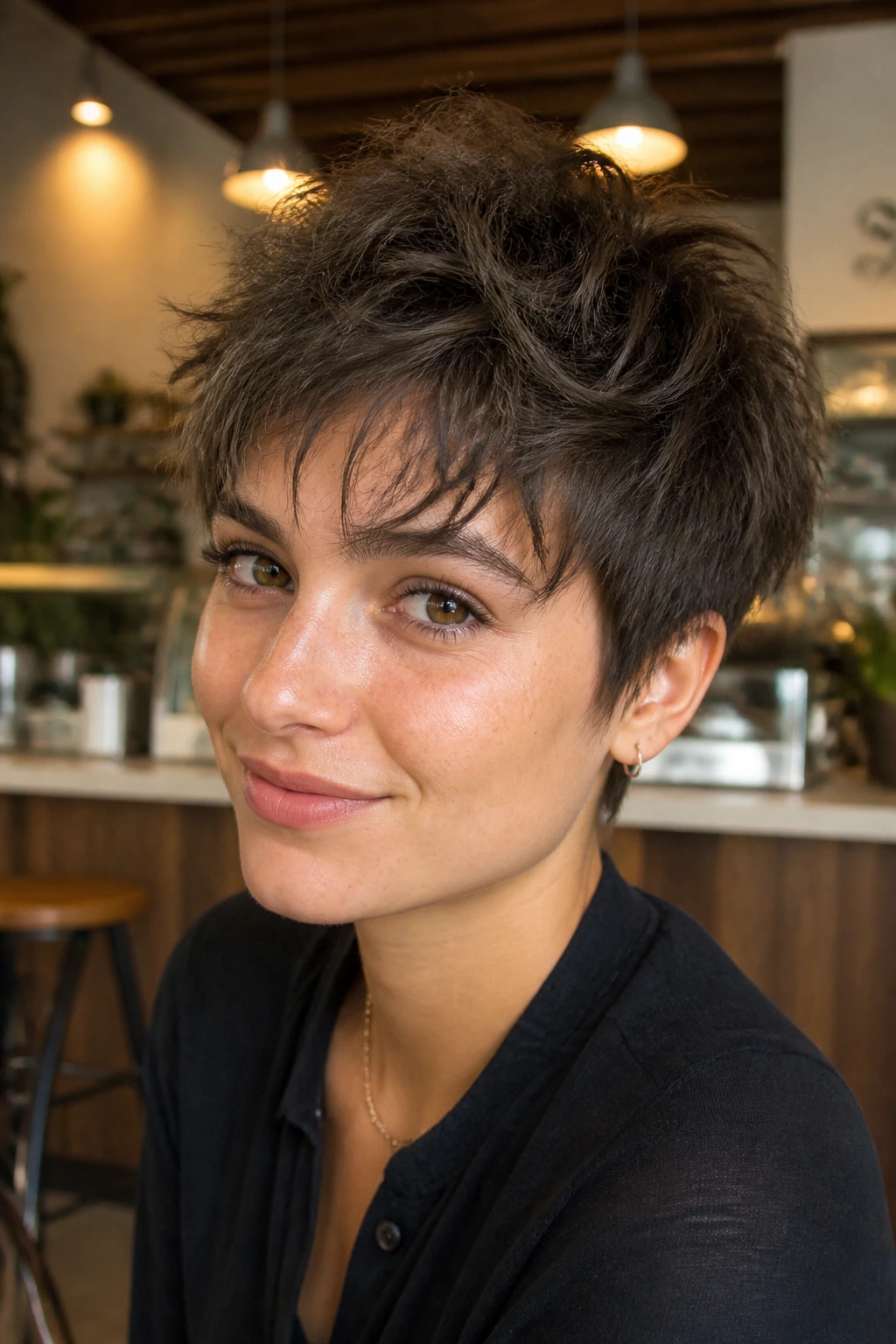 Close-up portrait of a person with a messy pixie crop