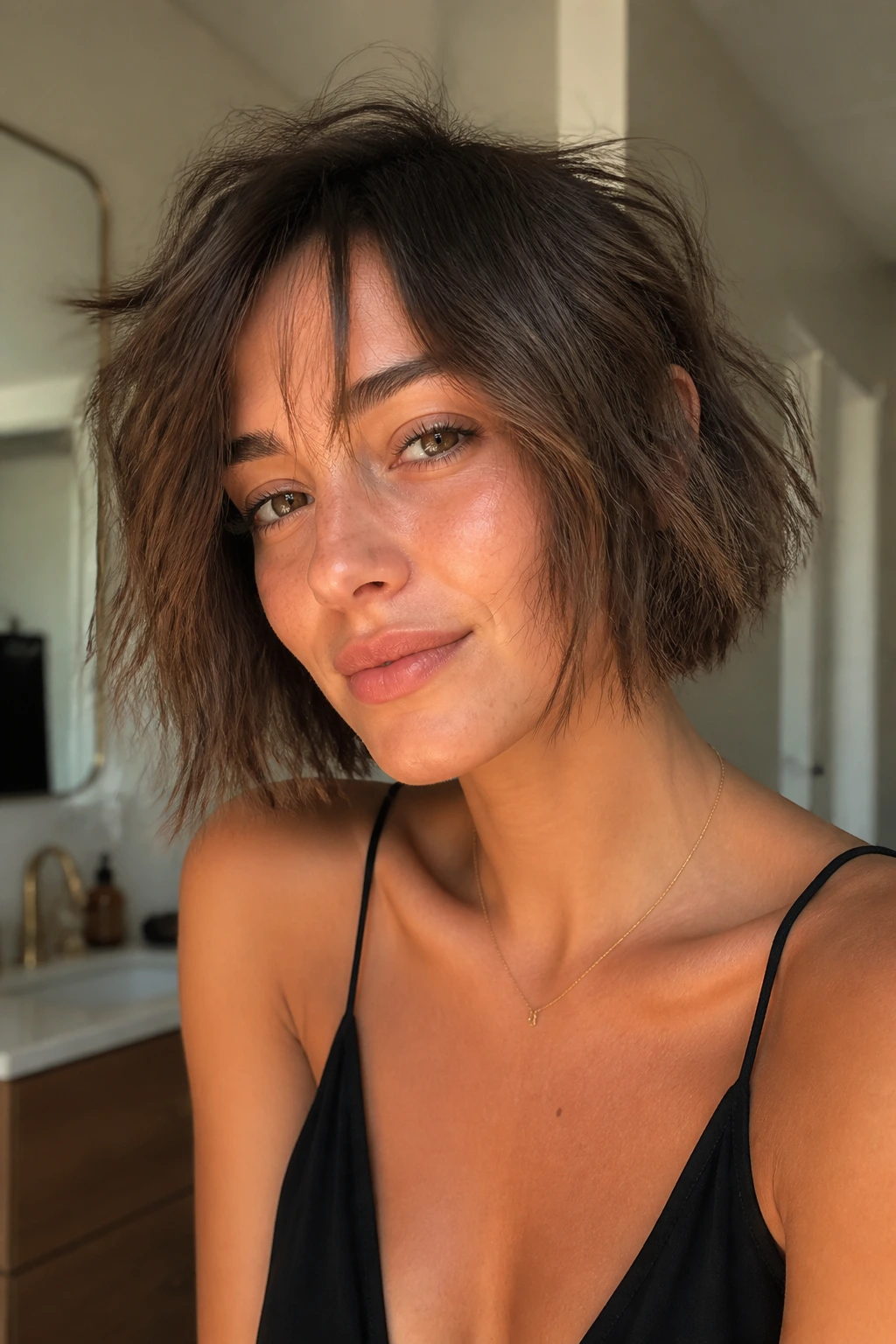 Close-up portrait of a woman with messy air-dried razor bob
