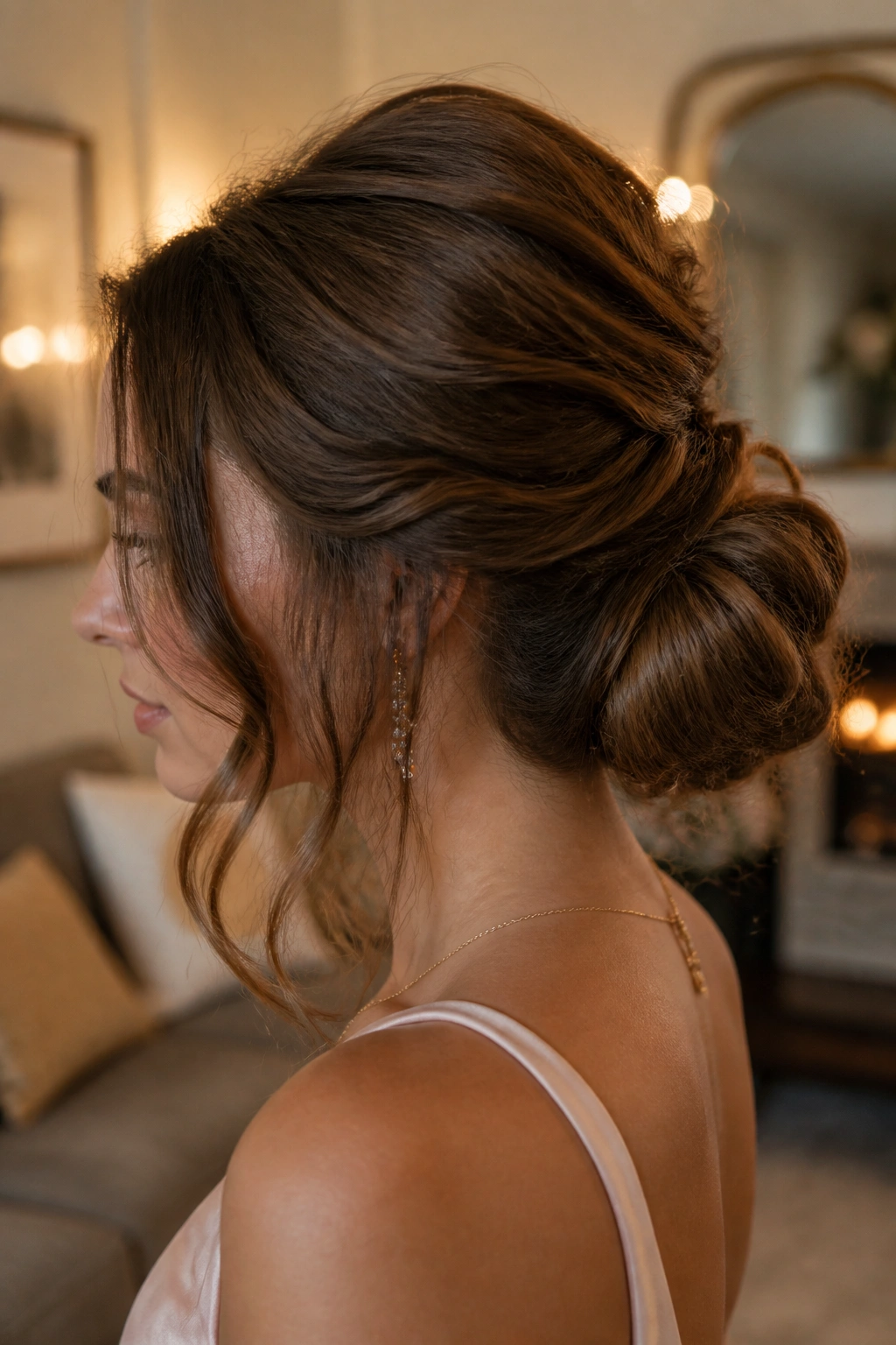 Close-up of a real woman with a voluminous, messy romantic bun and face-framing tendrils