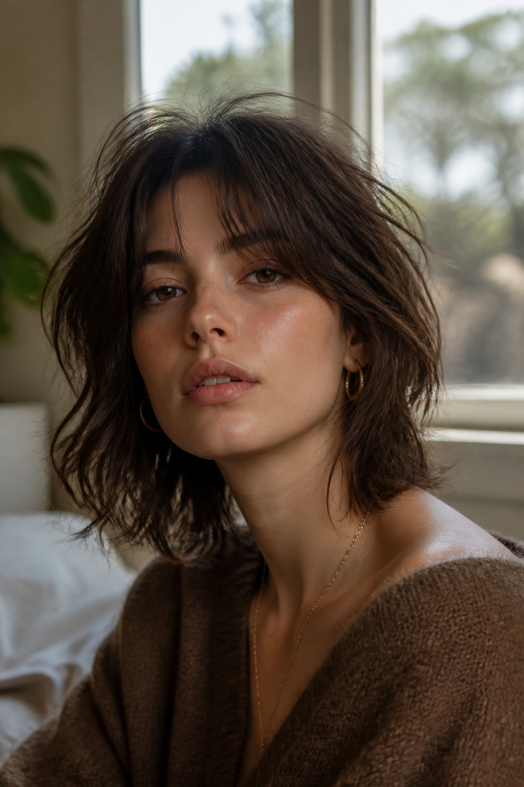 Close-up of a real person with messy shag curtain fringe neck-length