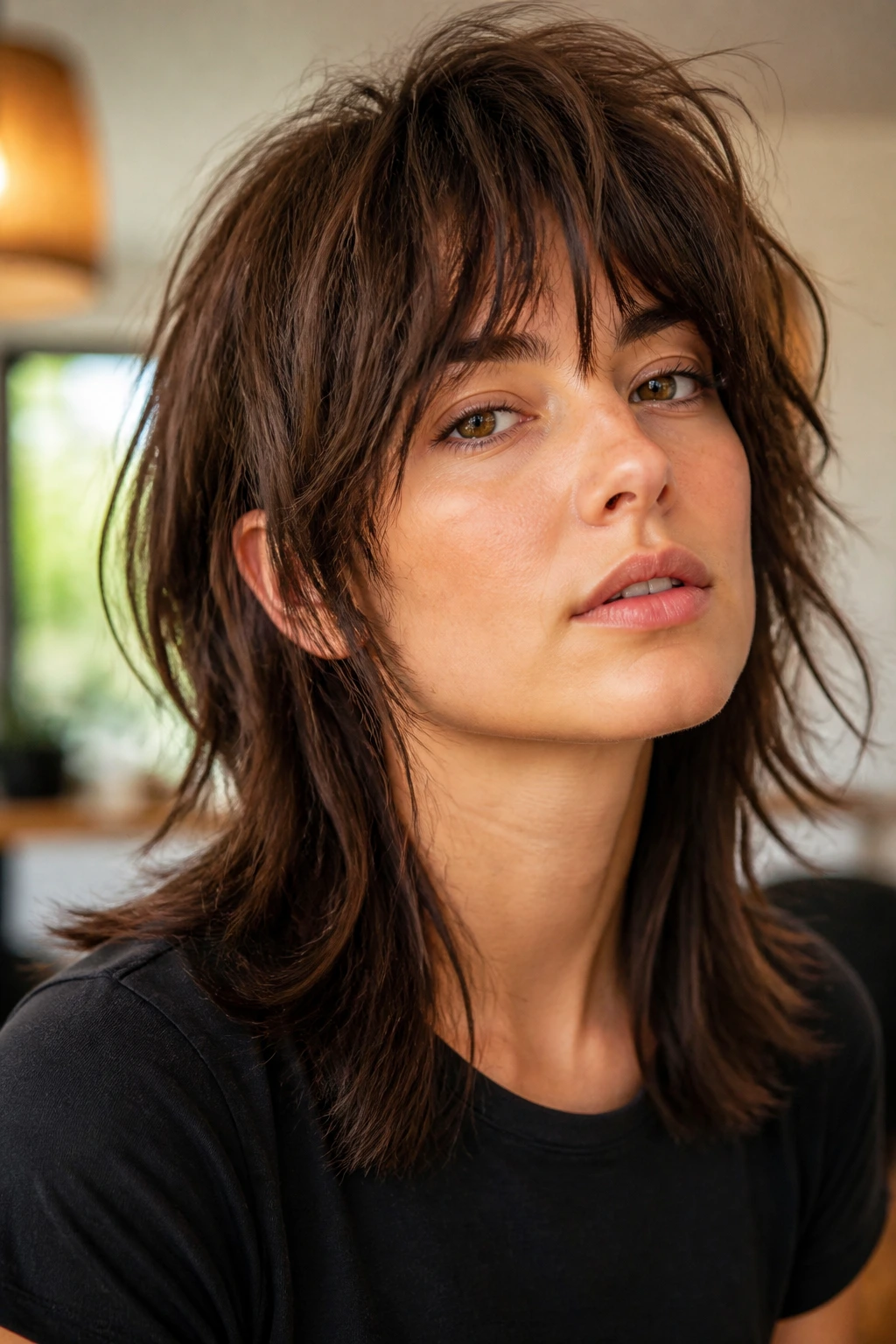 Real woman with messy shag hairstyle showing crown lift and airy ends