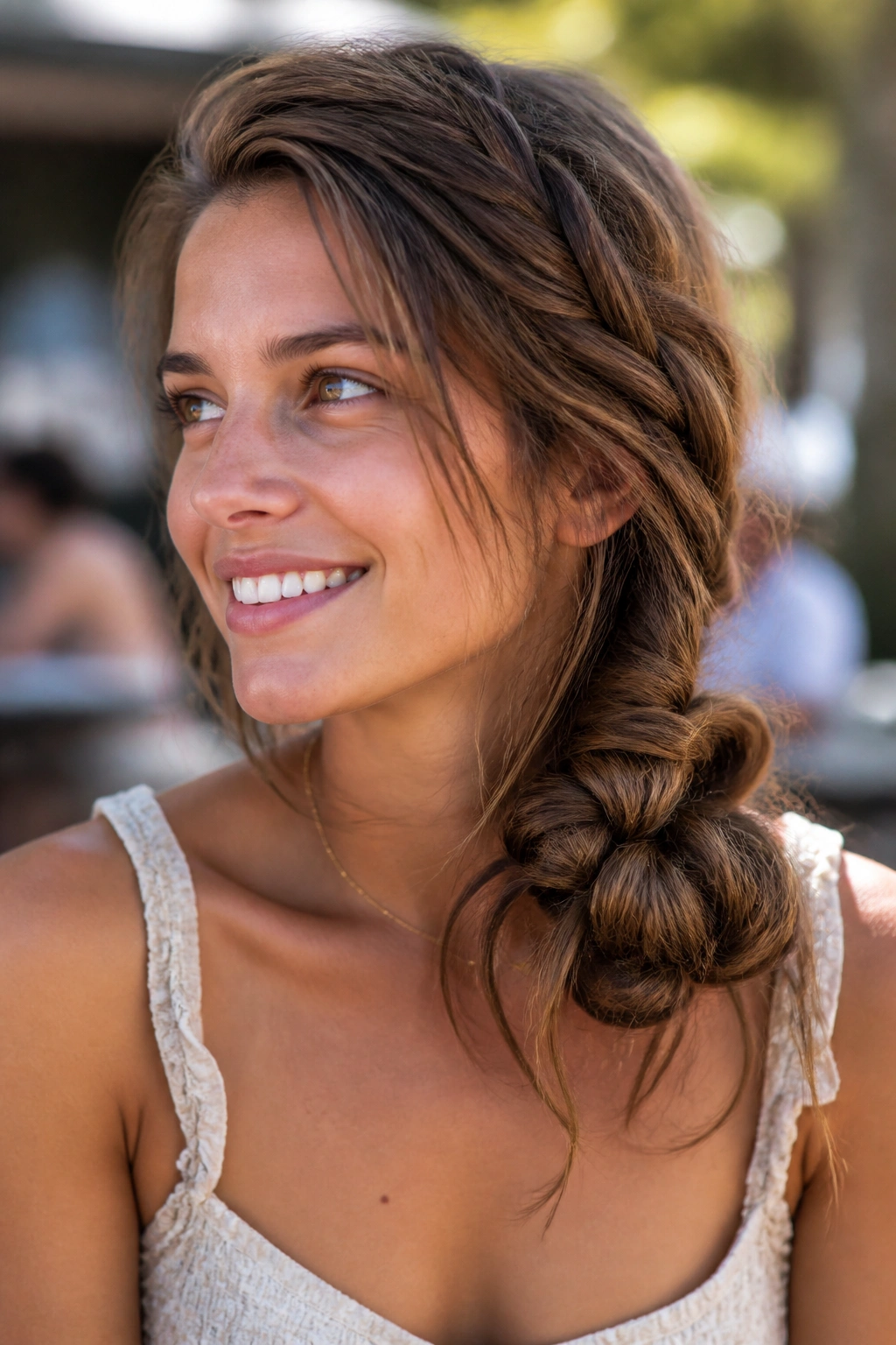 Close-up of a real woman with a messy side braid bun at the shoulder.
