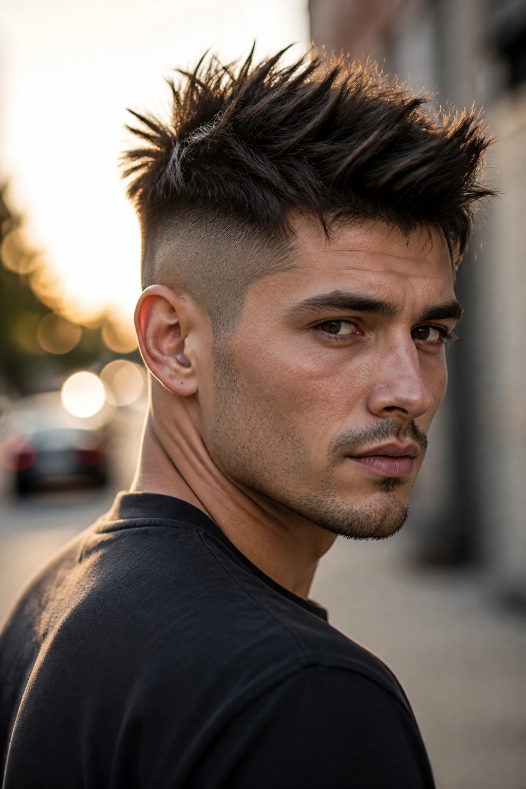 Close-up of a real man with Messy Spiky Undercut on an urban street