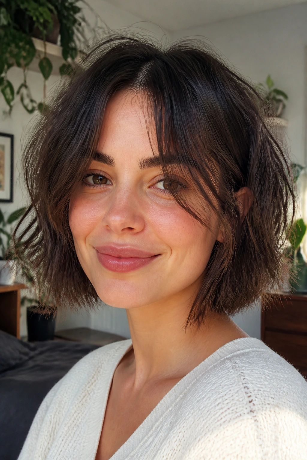 Close-up of a real woman with a messy textured bob and curtain bangs in a casual setting