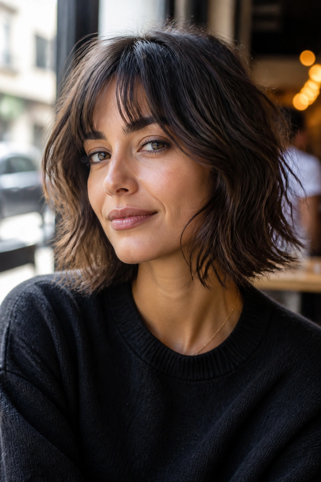 Close-up of a real woman with messy textured faux bob in sunlit cafe