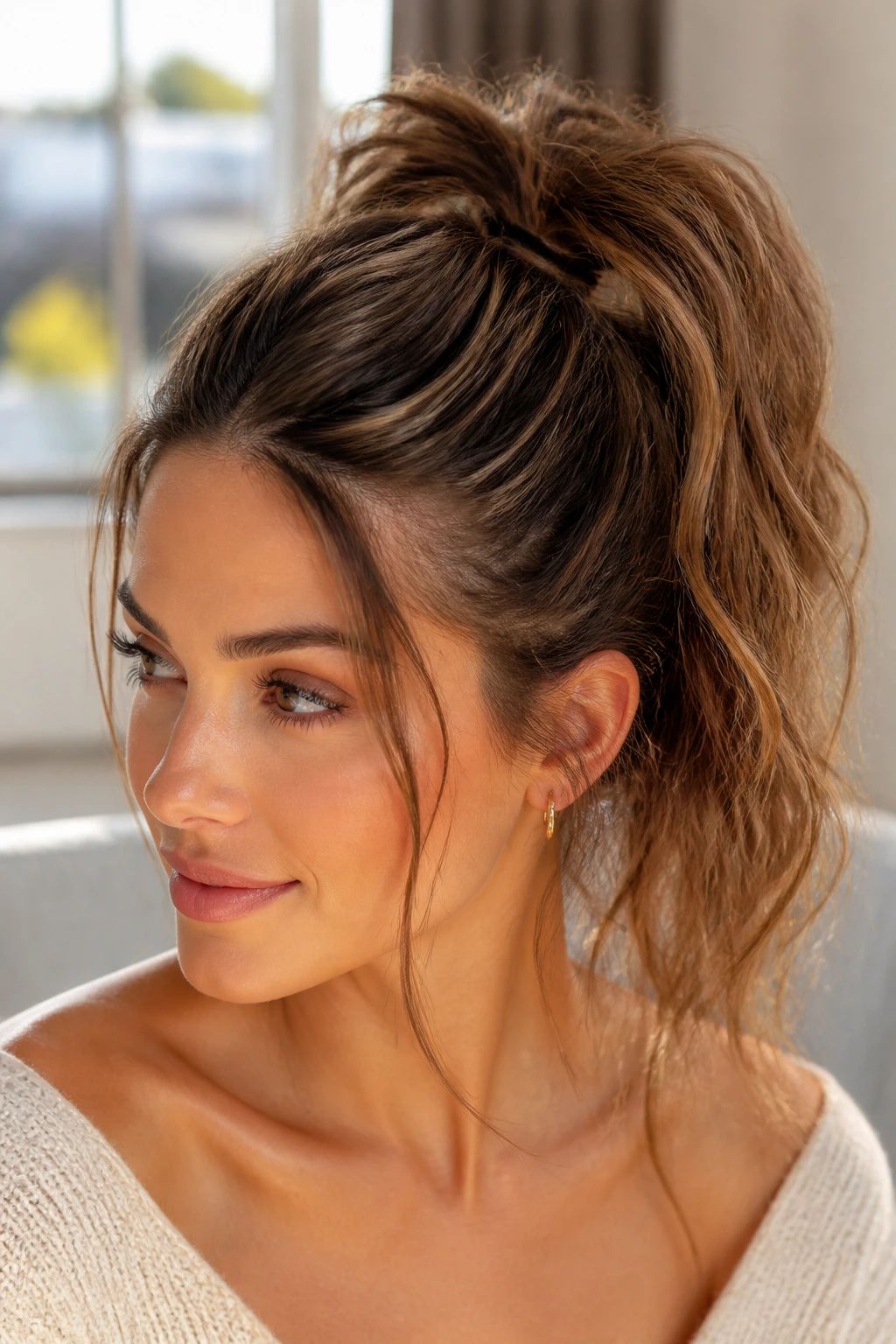 Close-up of a real woman with a messy textured high ponytail under warm window light