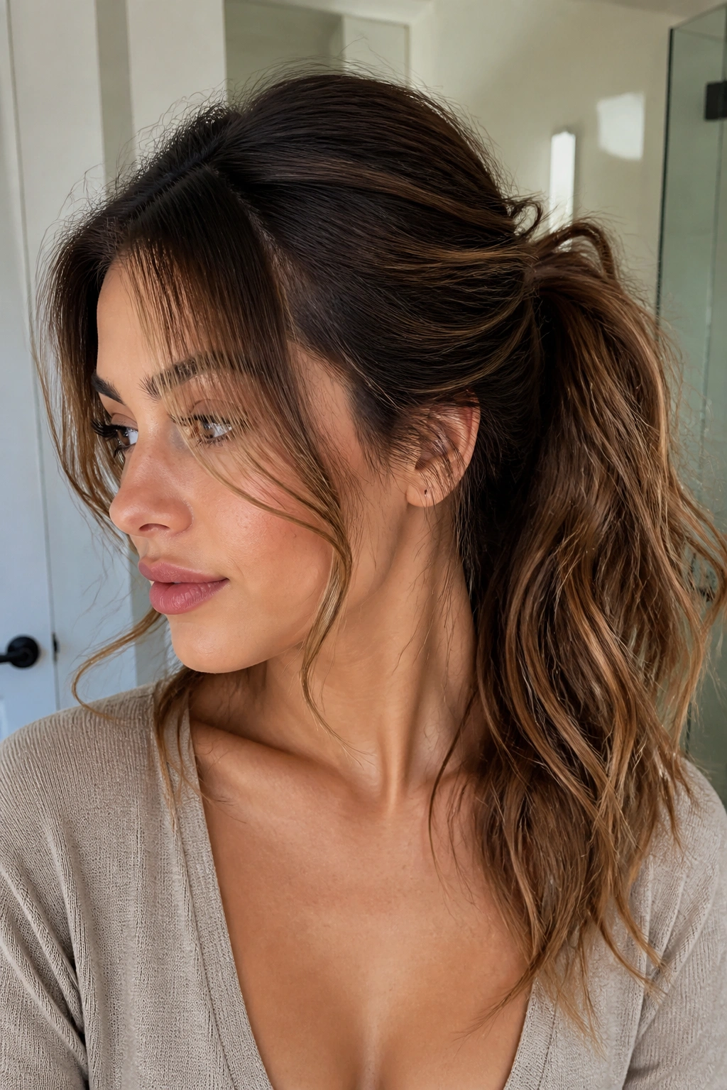 Close-up of a real woman with a messy textured ponytail and face-framing pieces