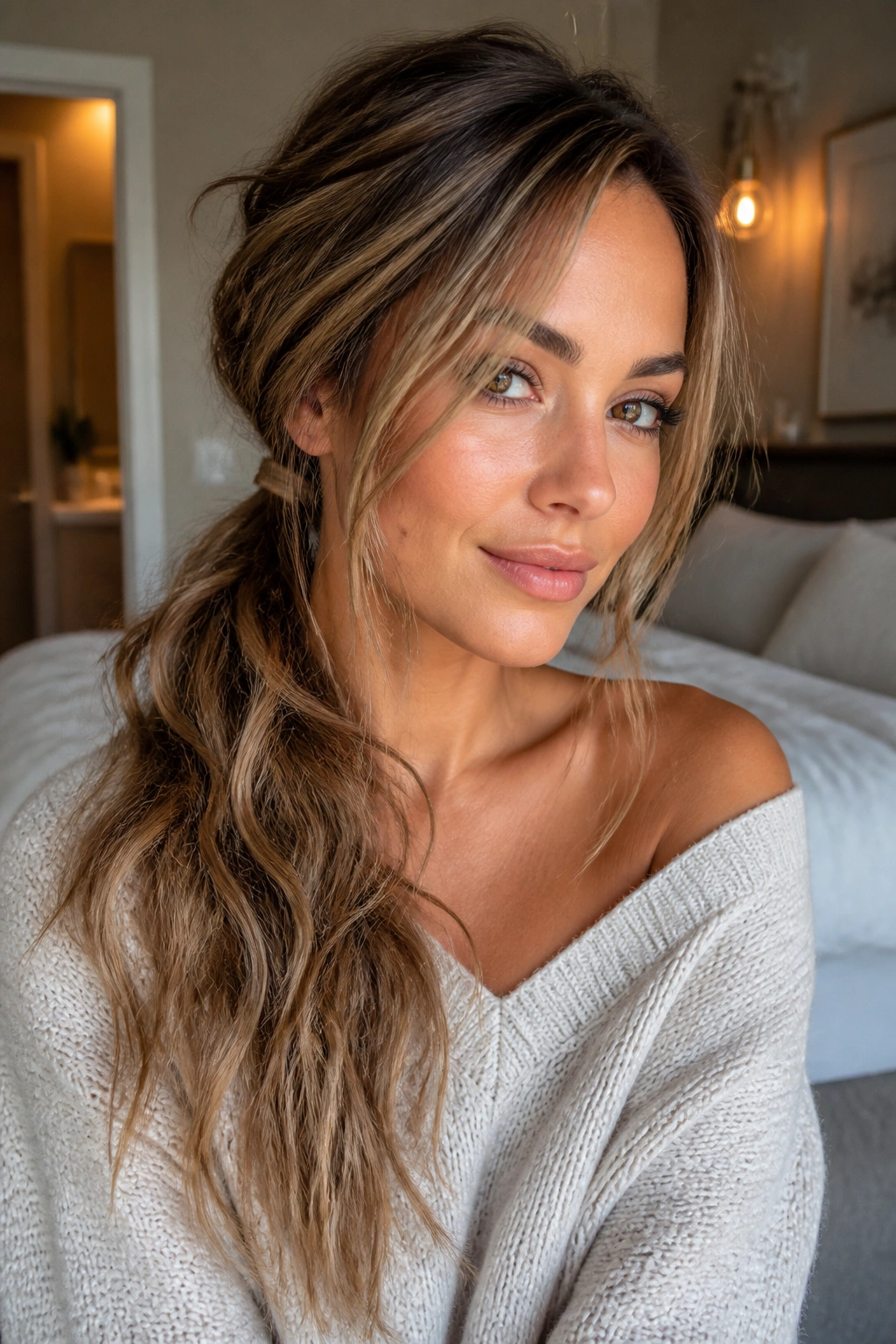 Close-up of a real woman with a messy textured side ponytail with loose tendrils