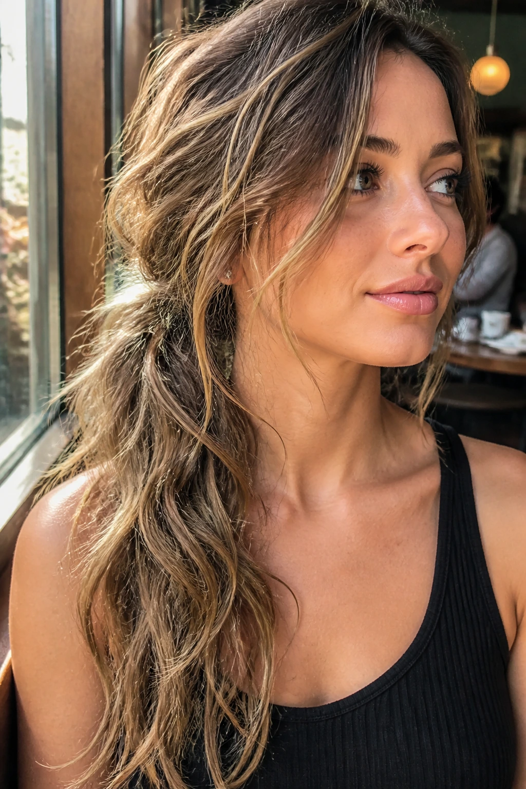 Close-up of a real woman with a Messy Textured Side Ponytail
