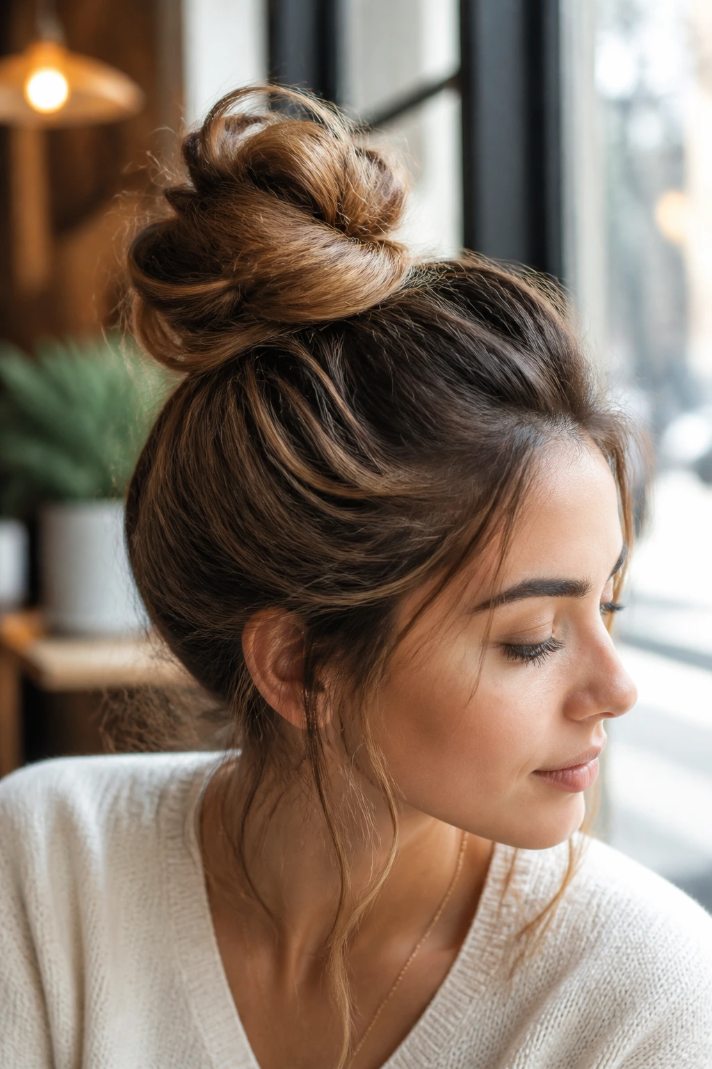 Close-up of a real woman with a high messy top bun and soft ends in natural cafe light.