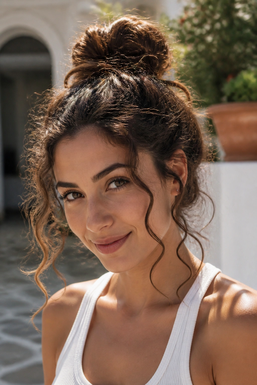 Close-up of a real woman with a messy top knot and loose tendrils.