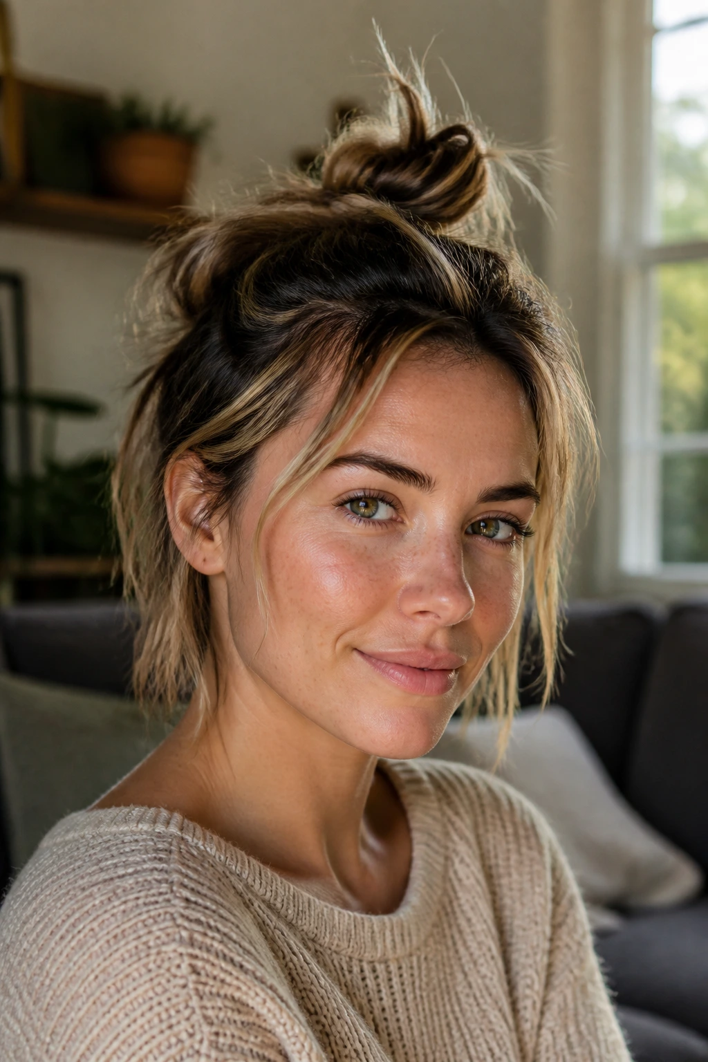 Portrait of a real person with short layered hair in a loose top knot