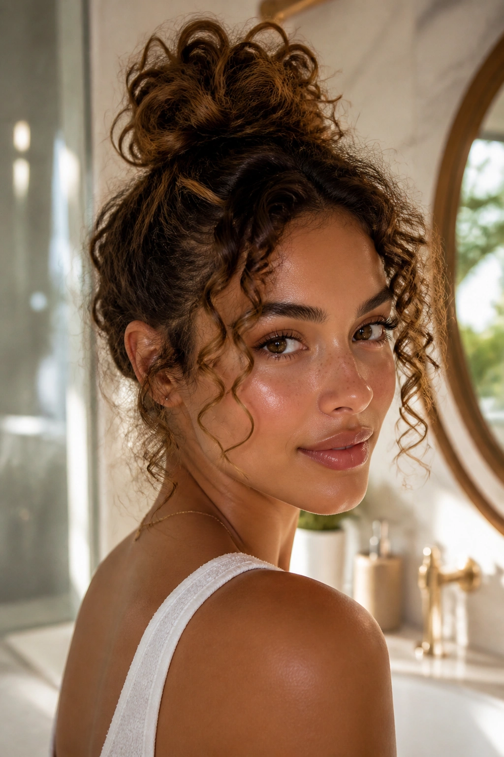 Close-up of a real woman with a messy top knot and face-framing curls