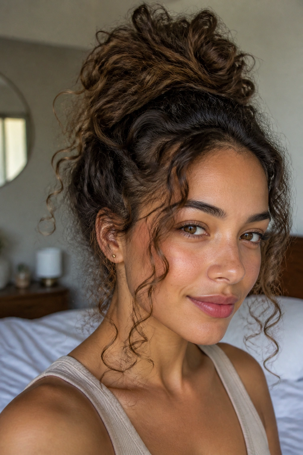 Close-up of a messy top knot with soft face-framing pieces