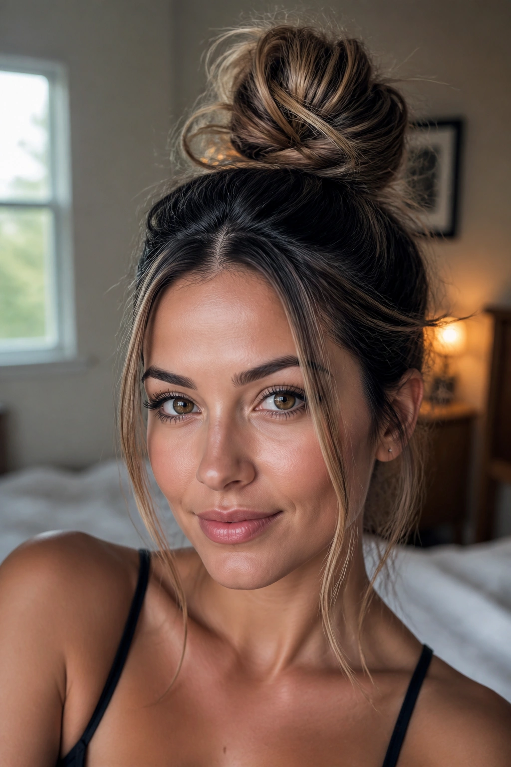 Close-up portrait of a woman with a messy top knot and loose face-framing pieces in natural window light