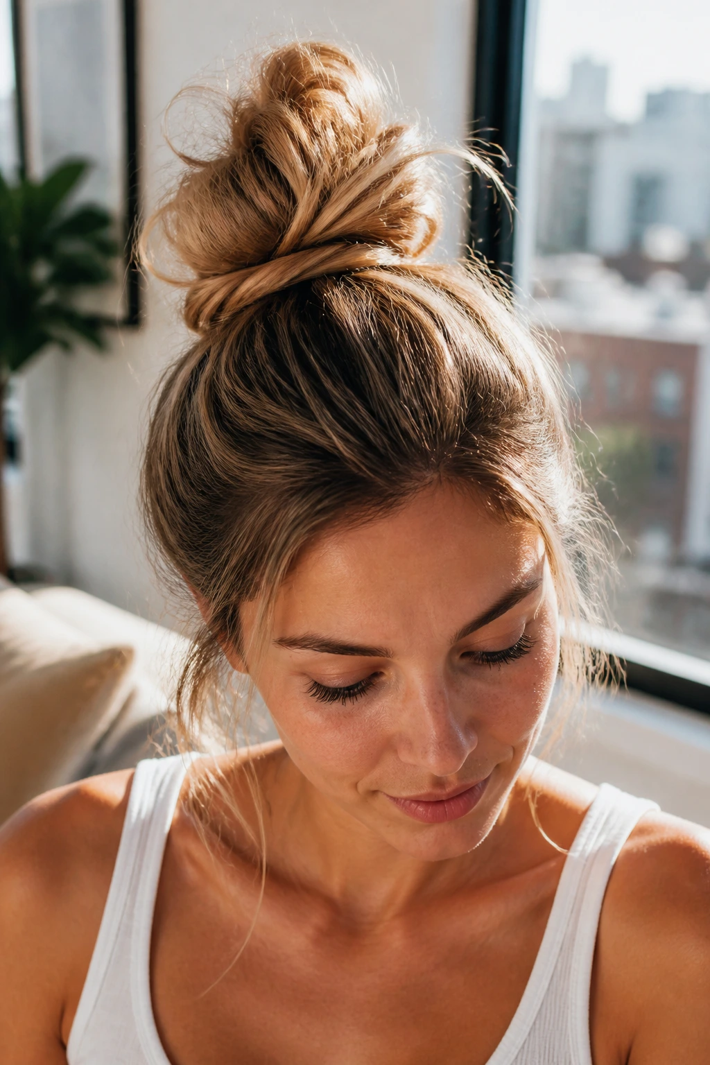 Close-up of a real woman with a messy high top knot