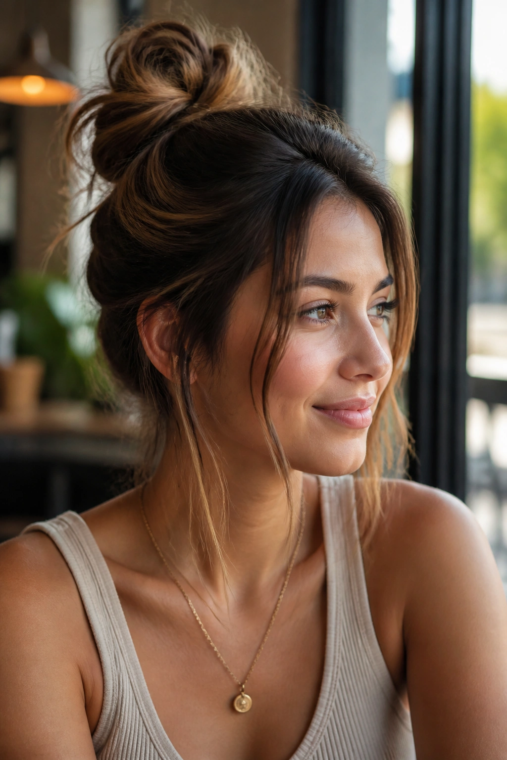 Close-up of a real woman with a messy top knot and face-framing pieces.