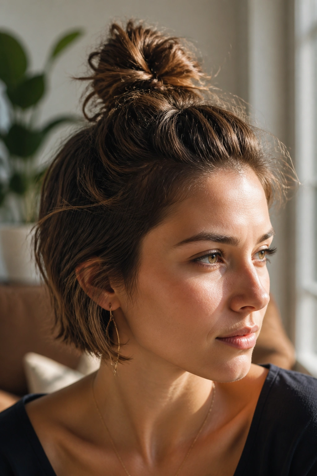 Close-up of a real woman with a messy top knot on a short bob, natural window light