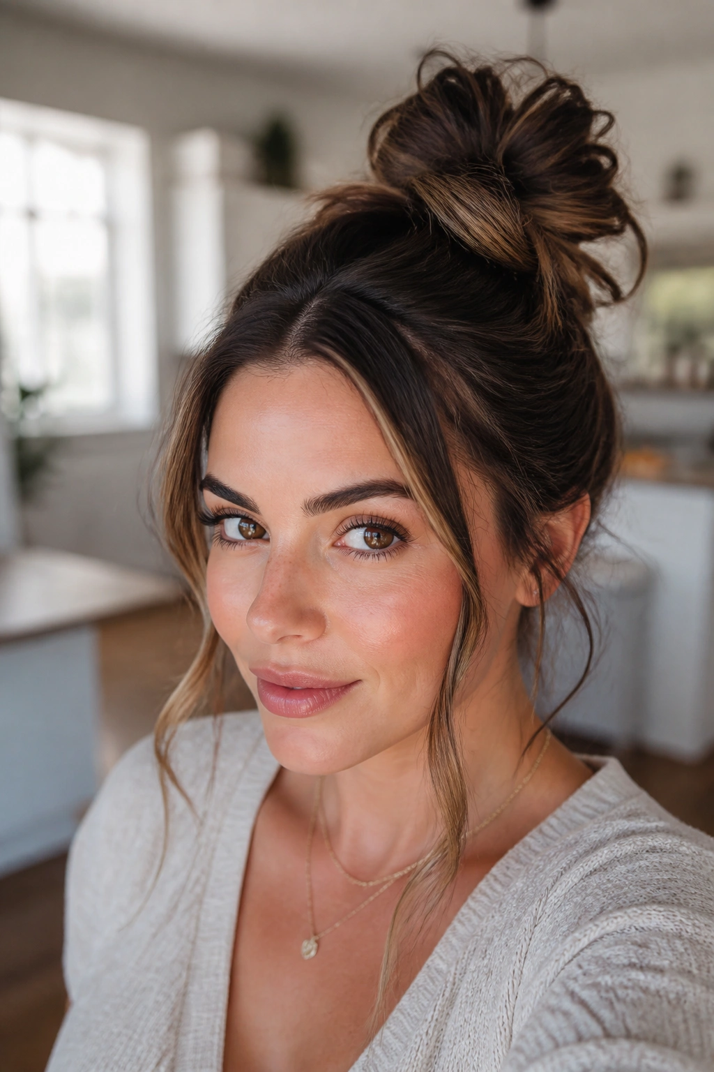 Close-up of a real woman with a messy top knot and tendrils framing her face