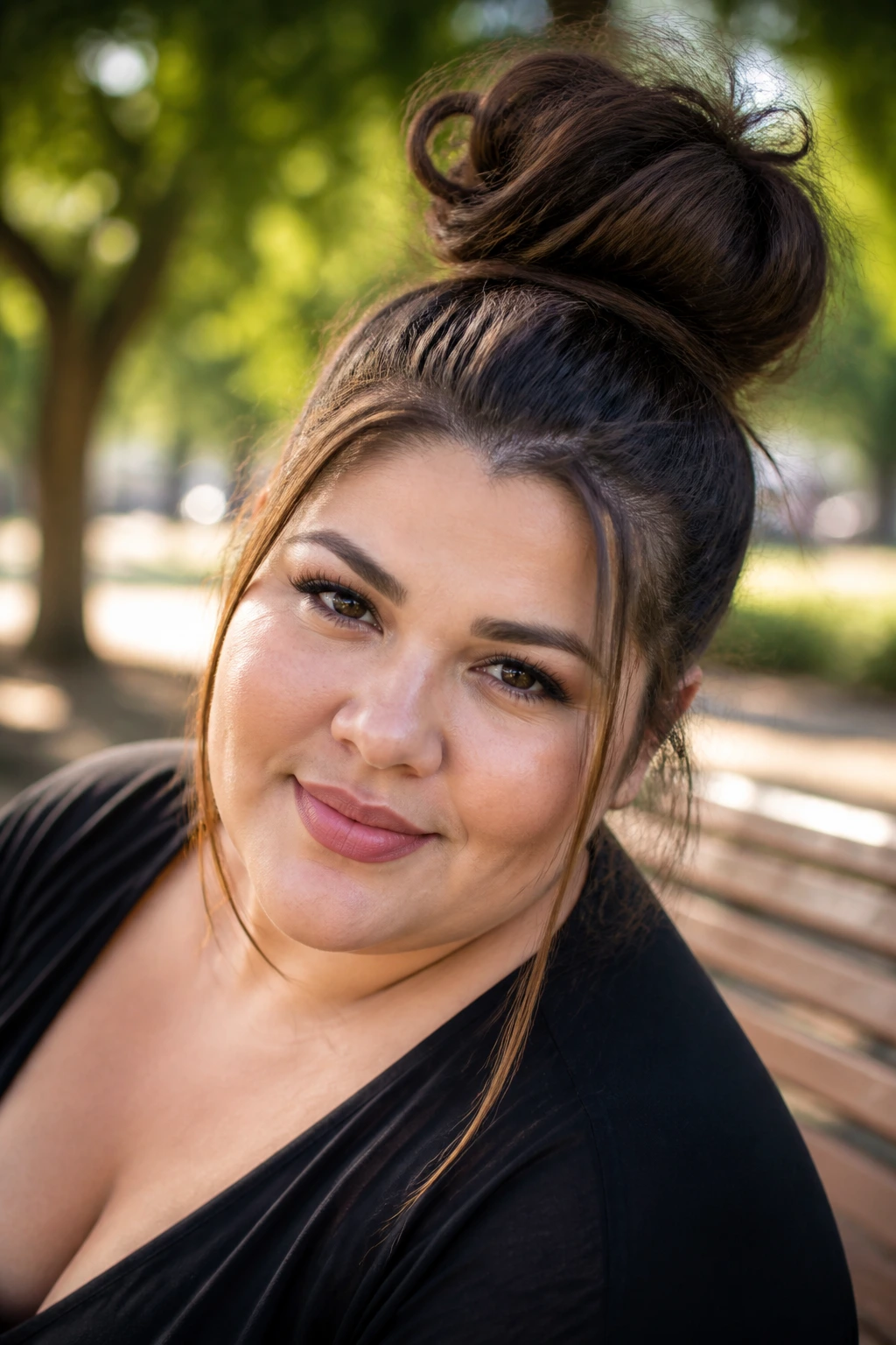 Portrait of a real woman with a messy top knot on a sunny outdoor setting