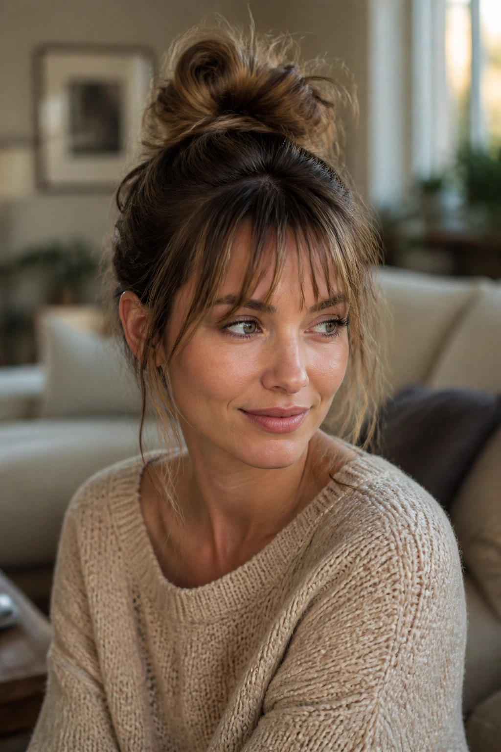 Real woman with a messy top knot and wispy bangs