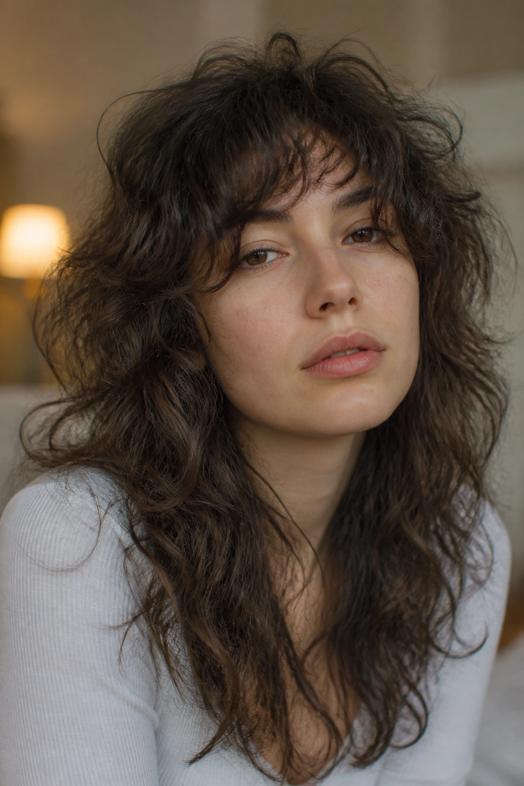 Close-up of a real person with messy undone shag perm