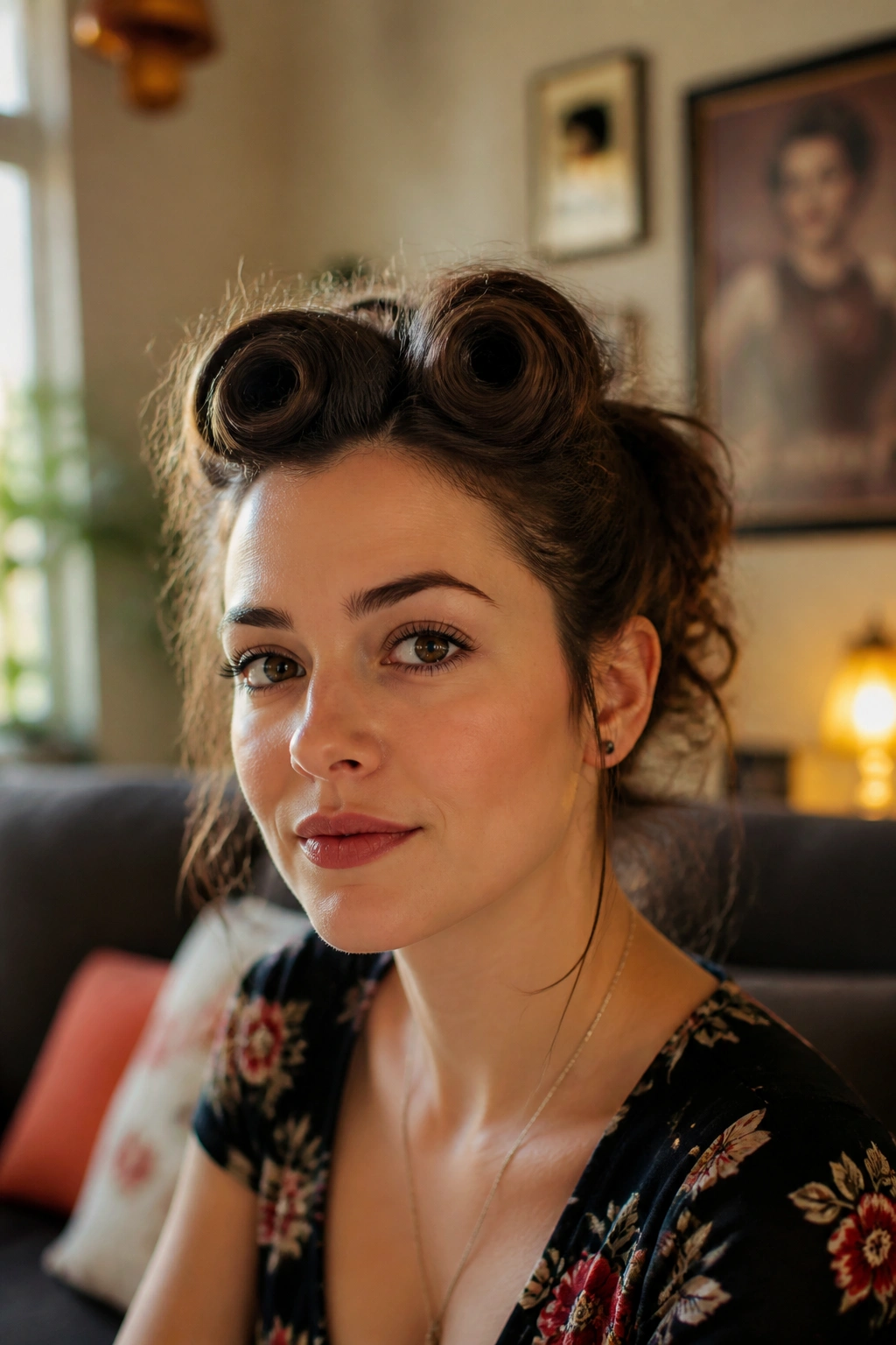 Close-up of a woman with textured, messy victory rolls.
