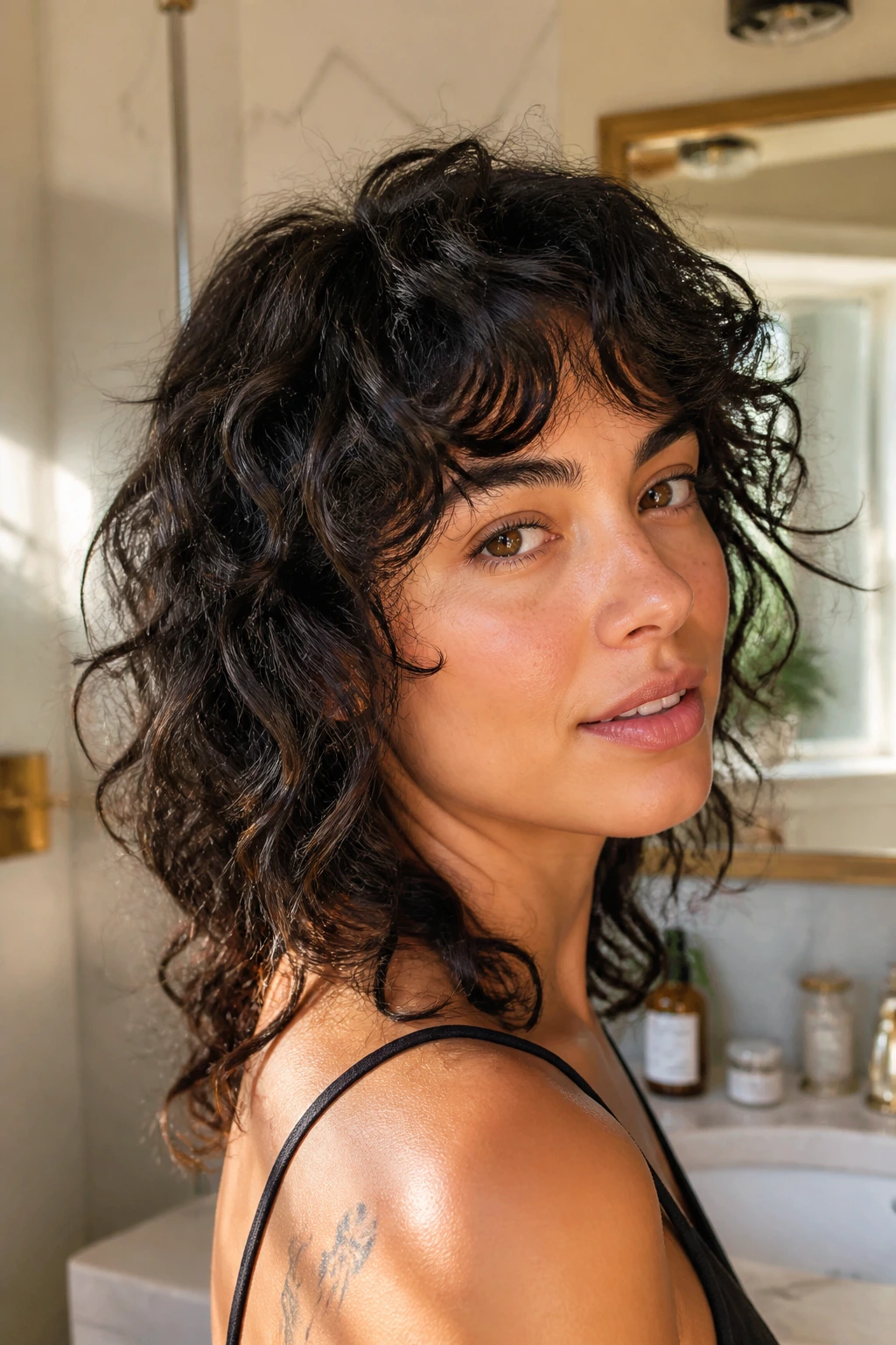 Close-up of a real woman with messy wash-and-go shag in a sunlit bathroom vanity