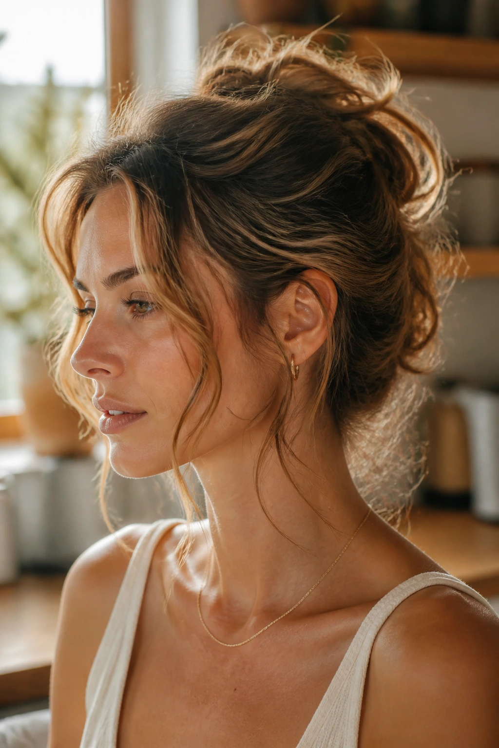 Close-up of a woman with a messy wave bun and loose pieces framing the face
