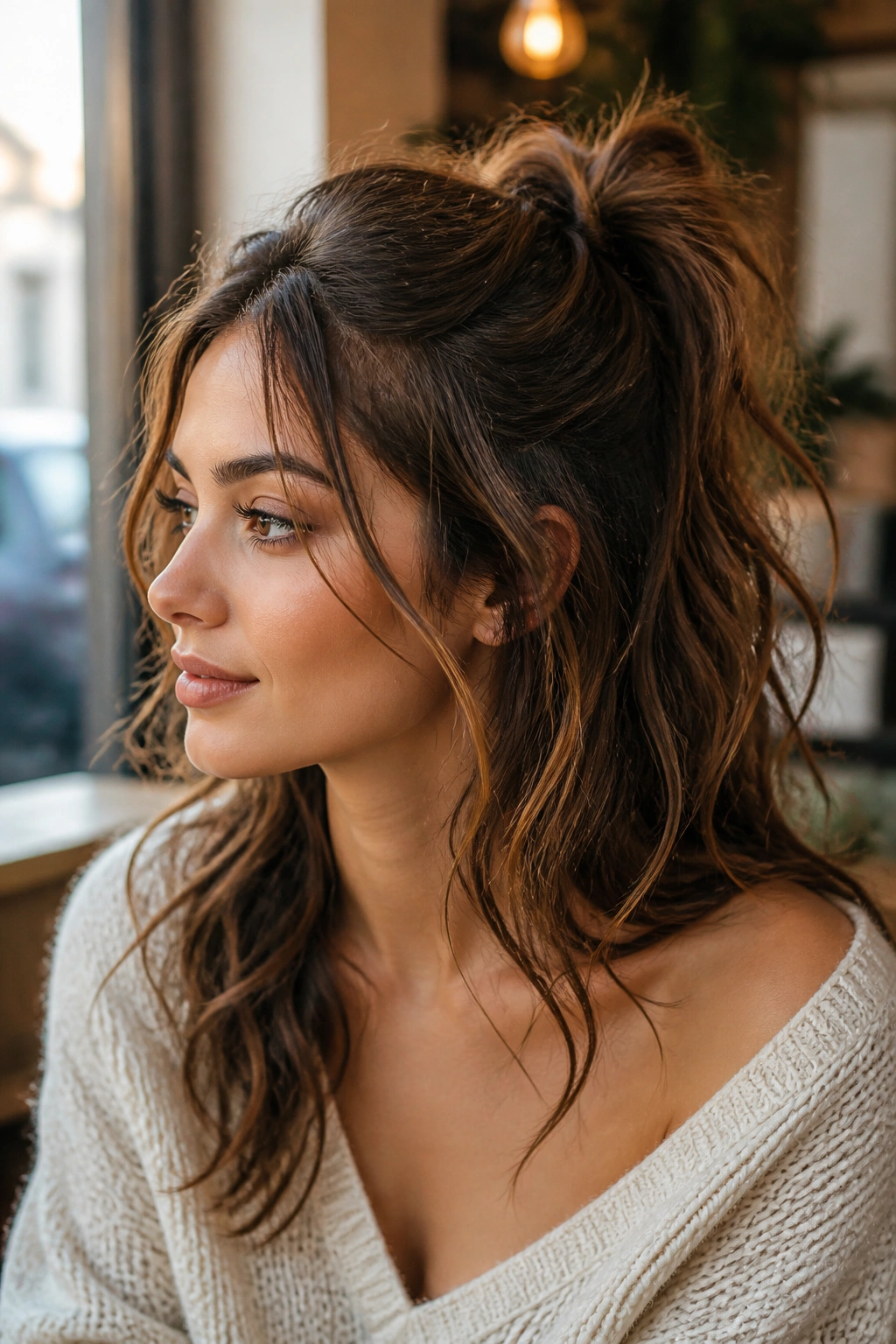 Close-up of a real person with a messy wavy half ponytail in a cafe setting.